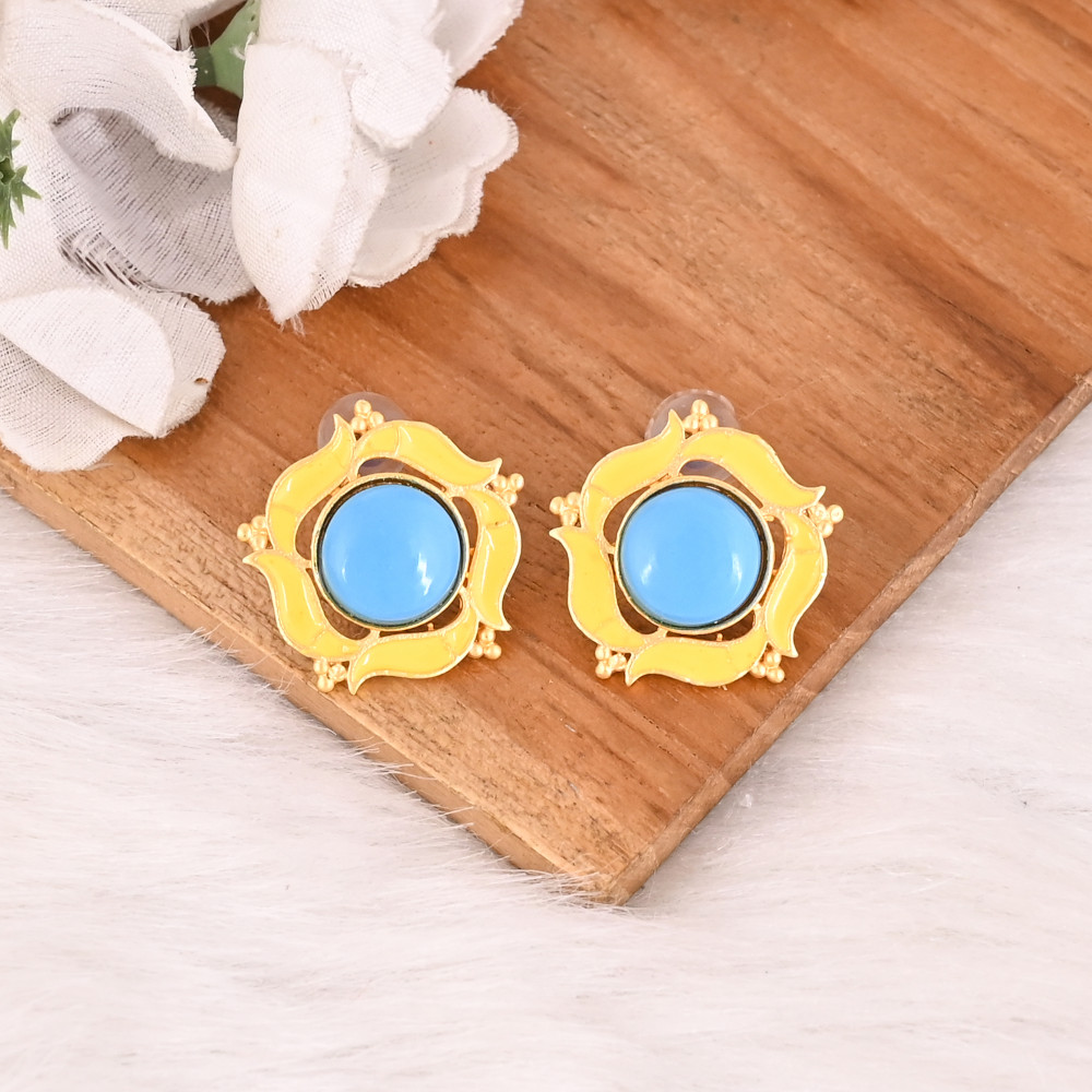 Image of Natural Sleeping Beauty Turquoise Gemstone Stud Earrings Gold Plated Brass Fashion Jewelry for Women