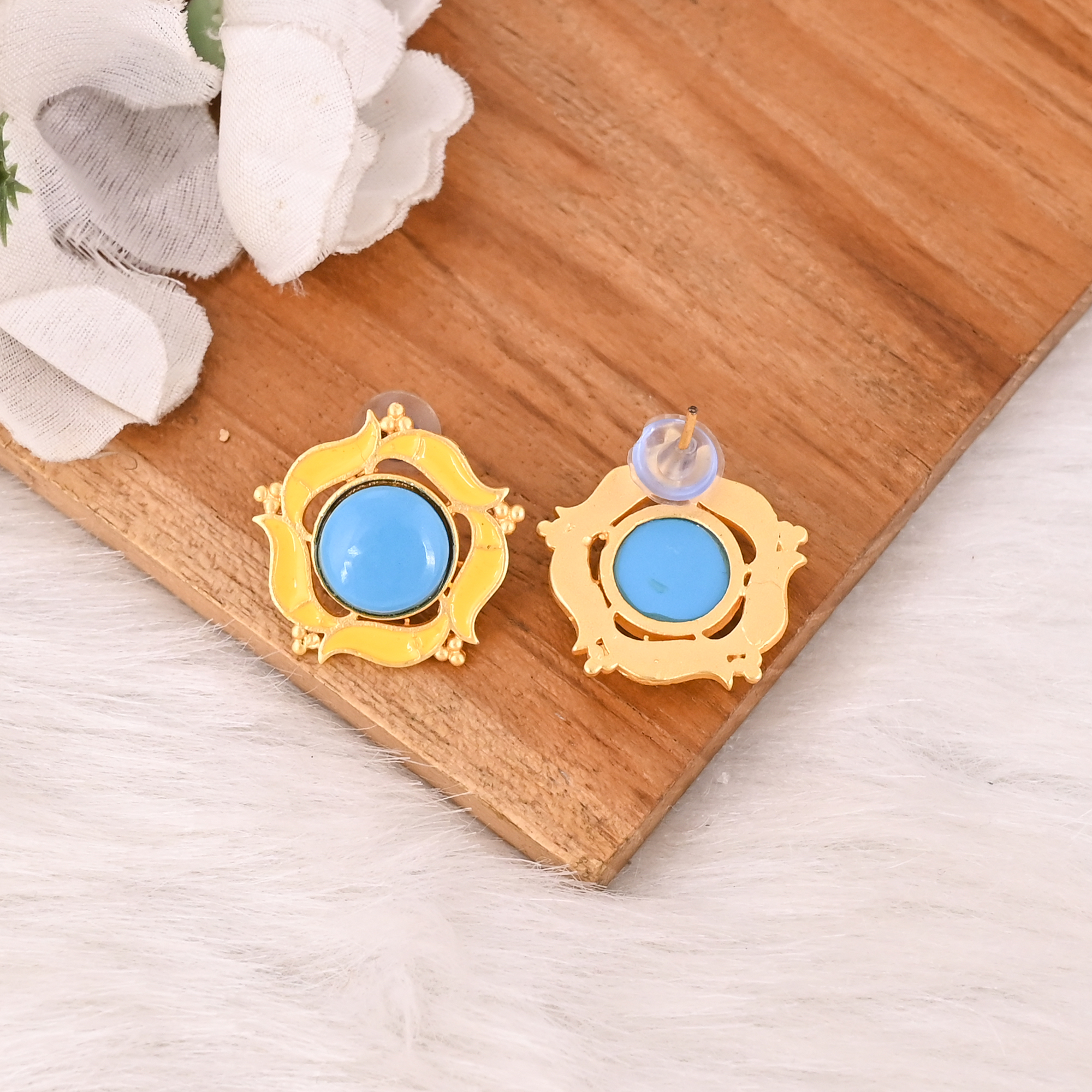 Natural Sleeping Beauty Turquoise Gemstone Stud Earrings Gold Plated Brass Fashion Jewelry for Women
