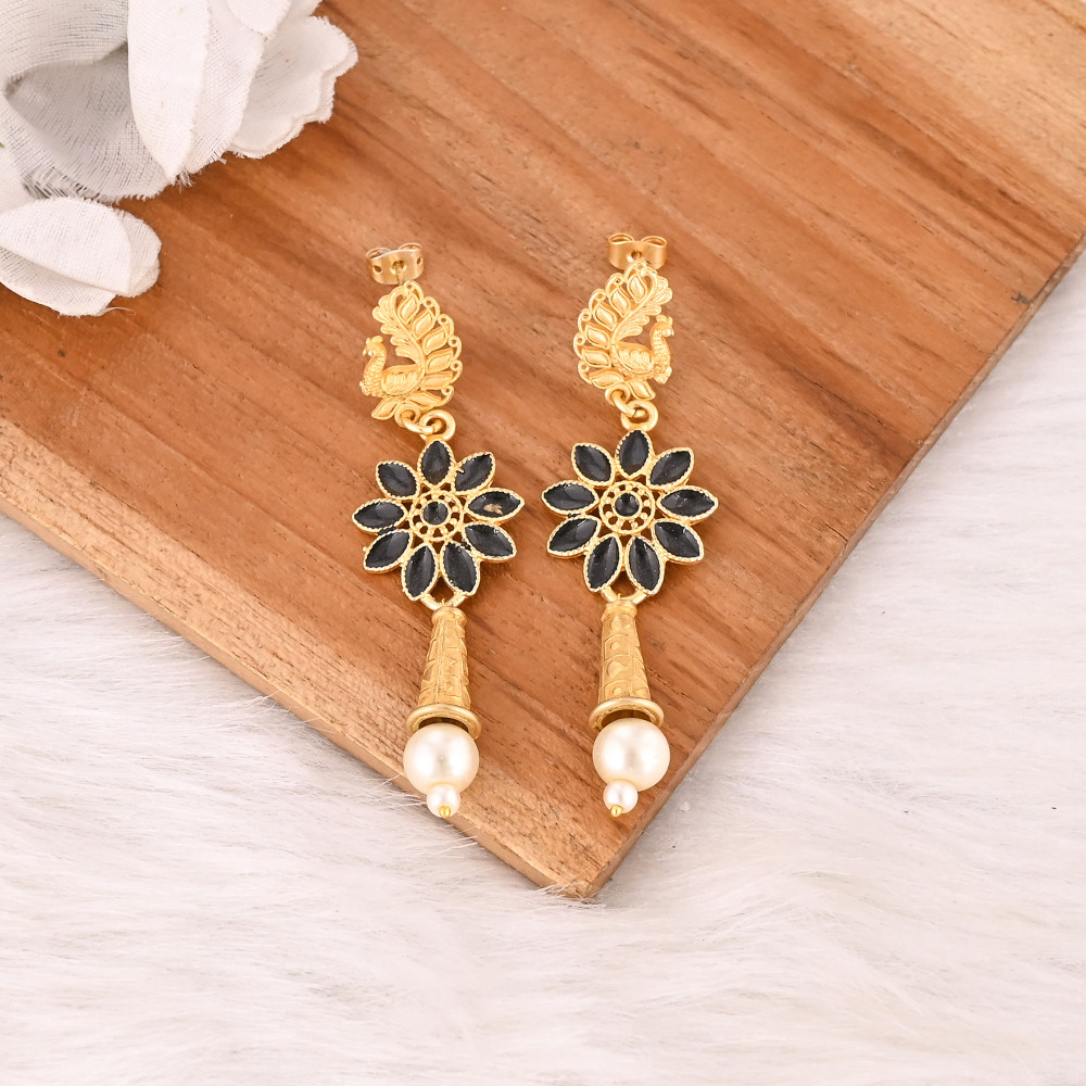 Image of Natural Black Enamel &amp; Pearl Handmade Drop Earrings for Women Jewelry