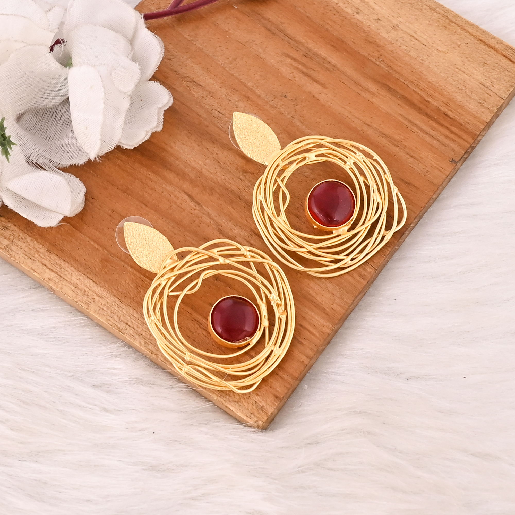 Stylish Garnet Hydro Stone Drop Earrings Gold Plated Handmade Brass Jewelry for Women