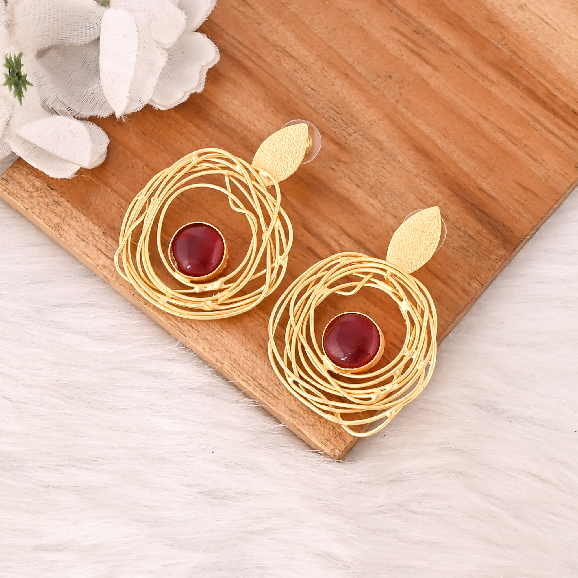 Stylish Garnet Hydro Stone Drop Earrings Gold Plated Handmade Brass Jewelry for Women