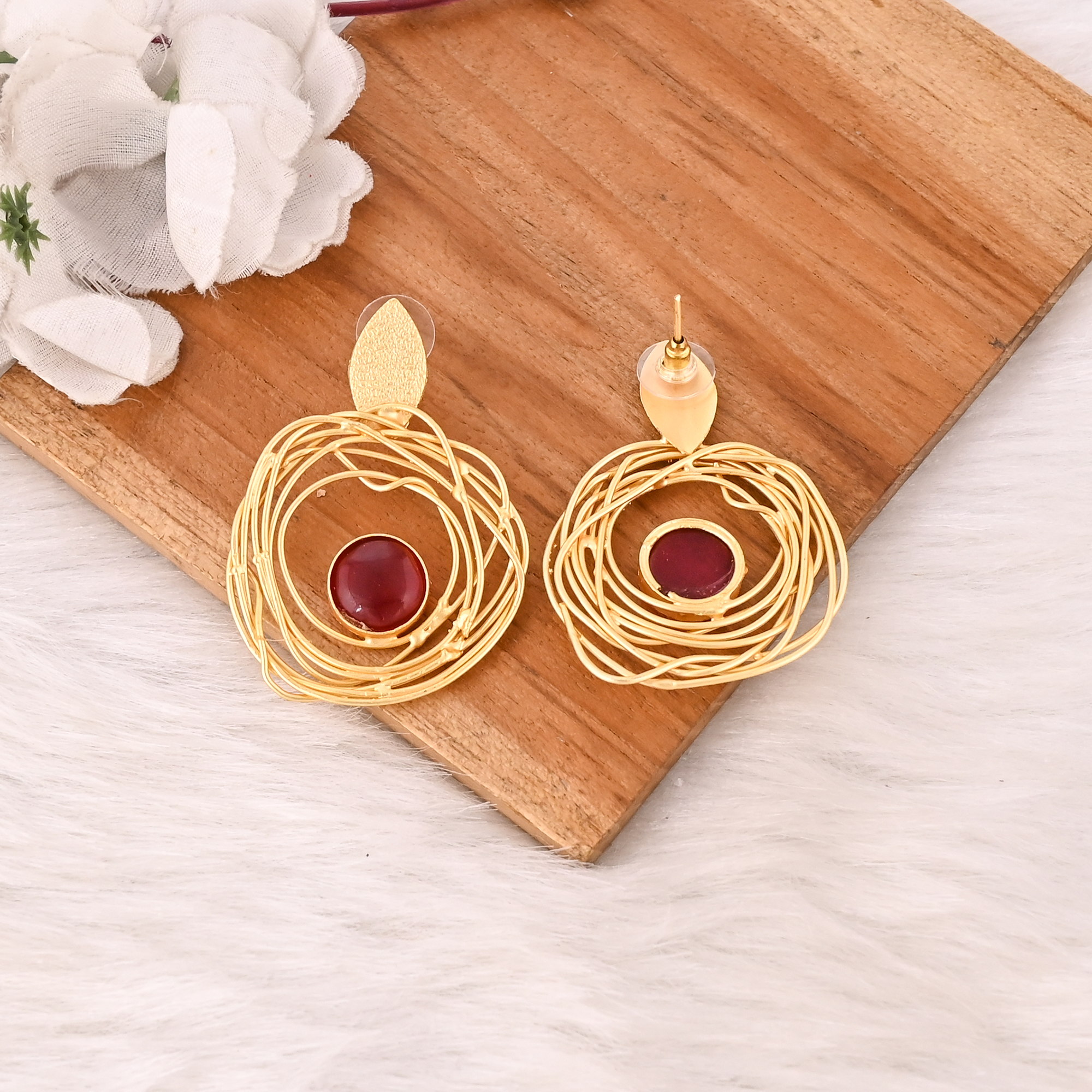 Stylish Garnet Hydro Stone Drop Earrings Gold Plated Handmade Brass Jewelry for Women