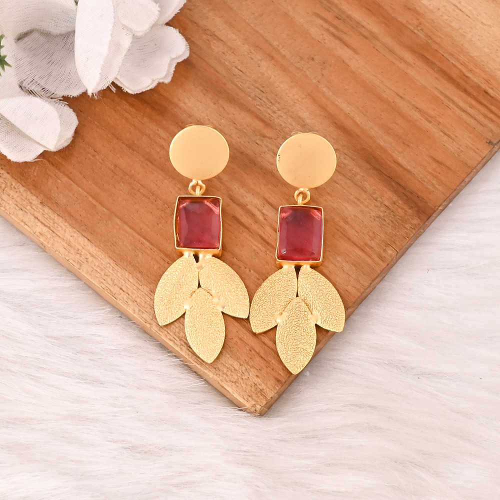 Image of Stylish Pink Tourmaline Hydro Hoop Earrings Gold Plated Handmade Brass Jewelry for Women