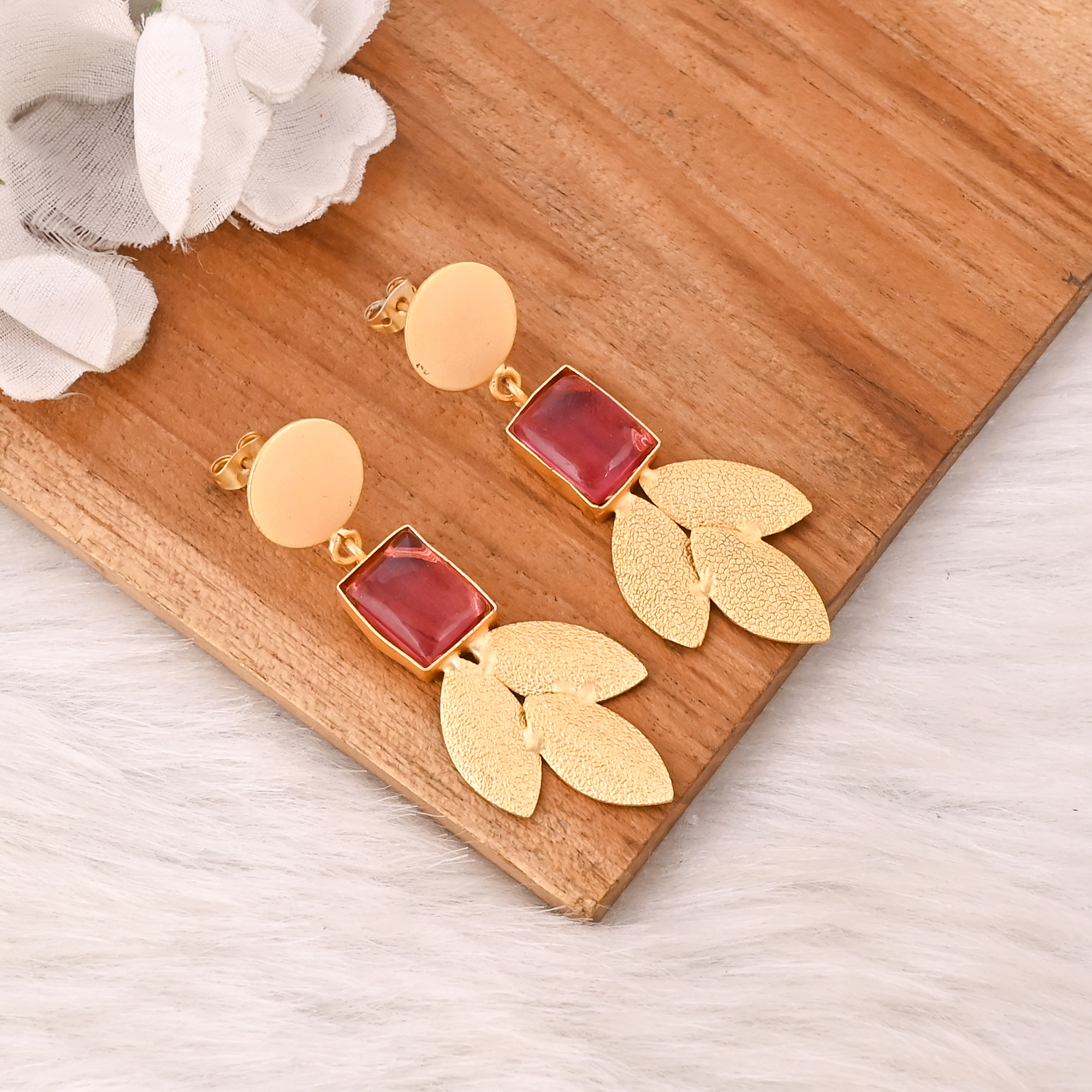 Stylish Pink Tourmaline Hydro Hoop Earrings Gold Plated Handmade Brass Jewelry for Women