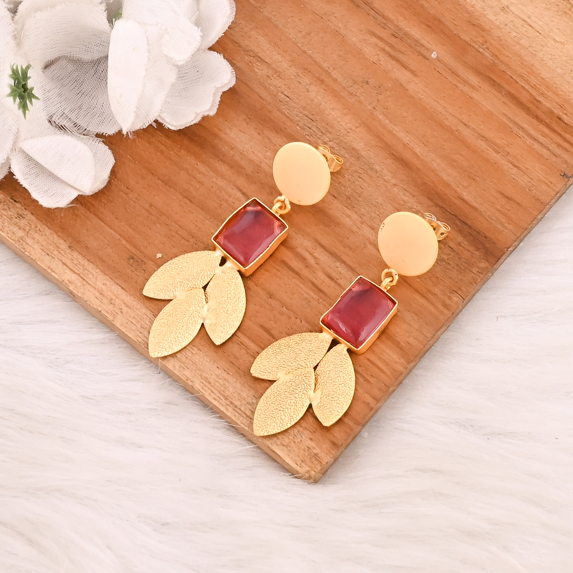 Stylish Pink Tourmaline Hydro Hoop Earrings Gold Plated Handmade Brass Jewelry for Women