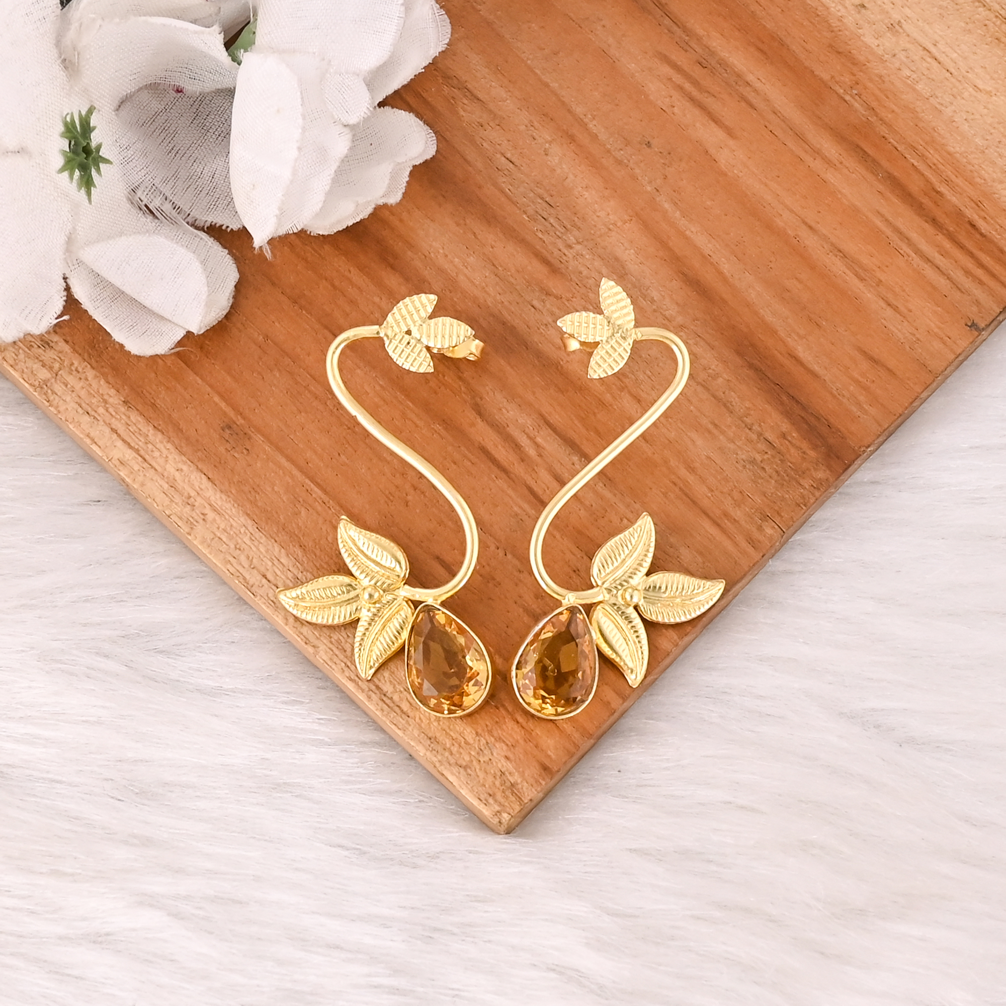 Citrine Hydro Gemstone Gold Plated Brass Drop Earrings Trendy Handmade Fashion Jewelry for Women