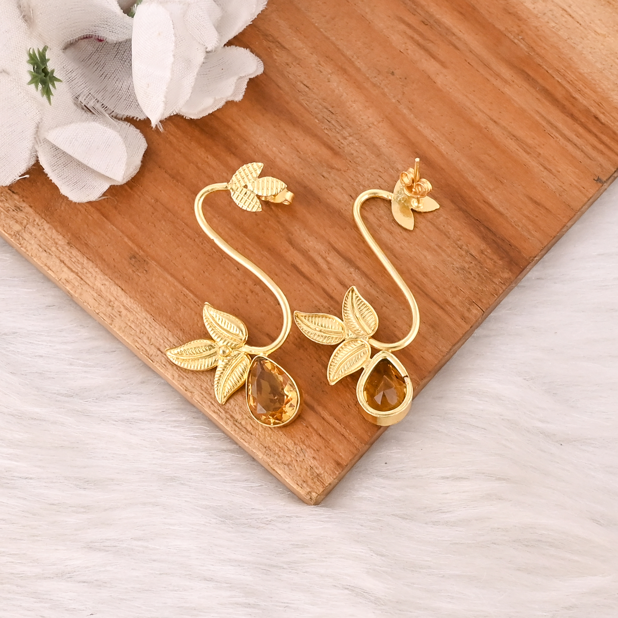 Citrine Hydro Gemstone Gold Plated Brass Drop Earrings Trendy Handmade Fashion Jewelry for Women