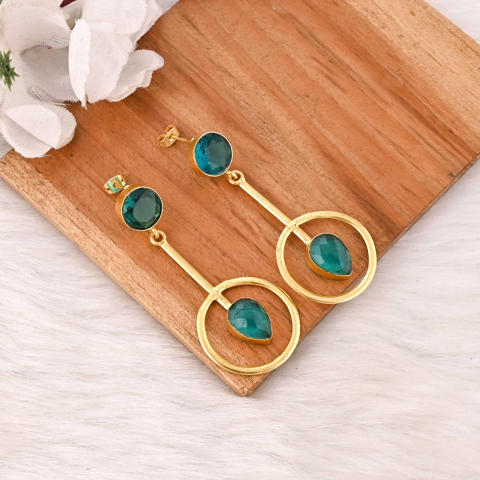 Elegant Apatite Hydro Gemstone Earrings Gold Plated Brass Fashion Jewelry for Women