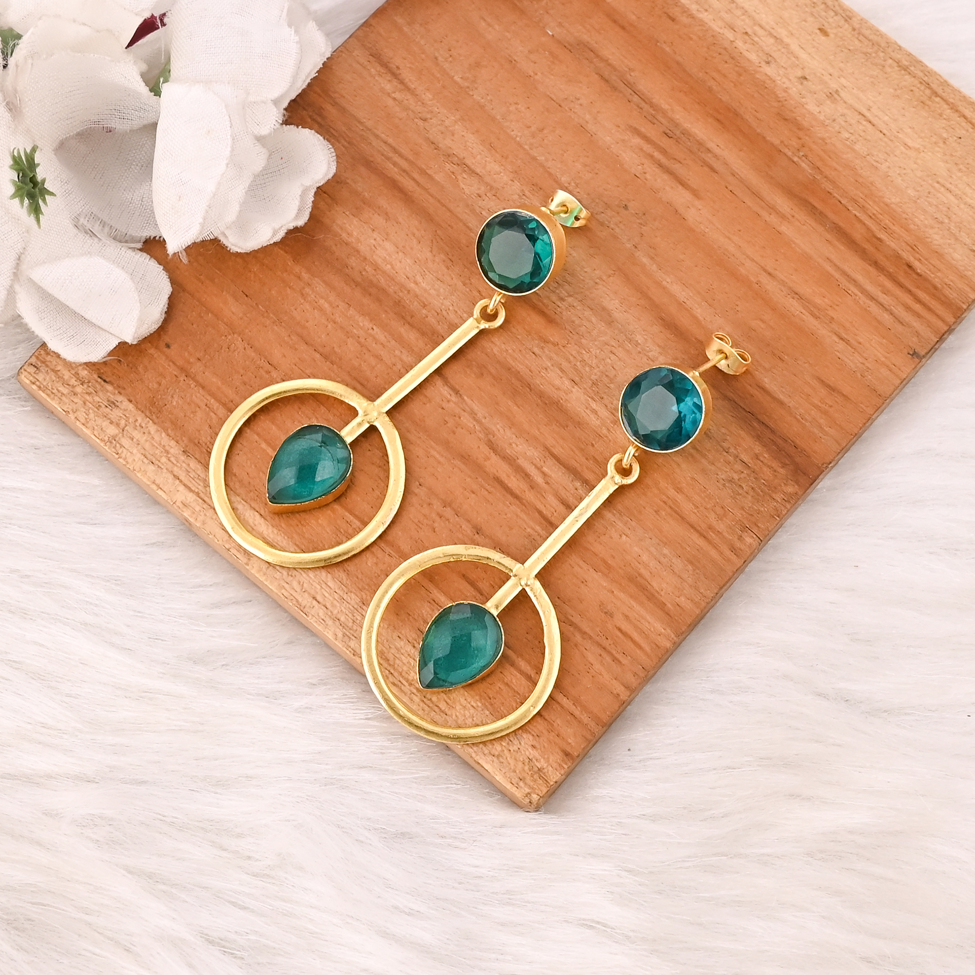Elegant Apatite Hydro Gemstone Earrings Gold Plated Brass Fashion Jewelry for Women