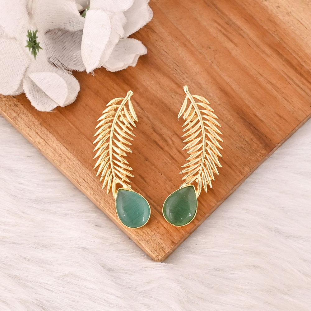 Image of Handmade Green Cat's Eye Gemstone Brass Earrings Trendy Fashion Statement Jewelry for Women