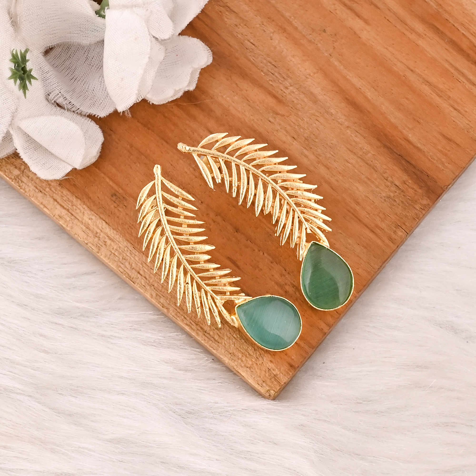 Handmade Green Cats Eye Gemstone Brass Earrings Trendy Fashion Statement Jewelry for Women