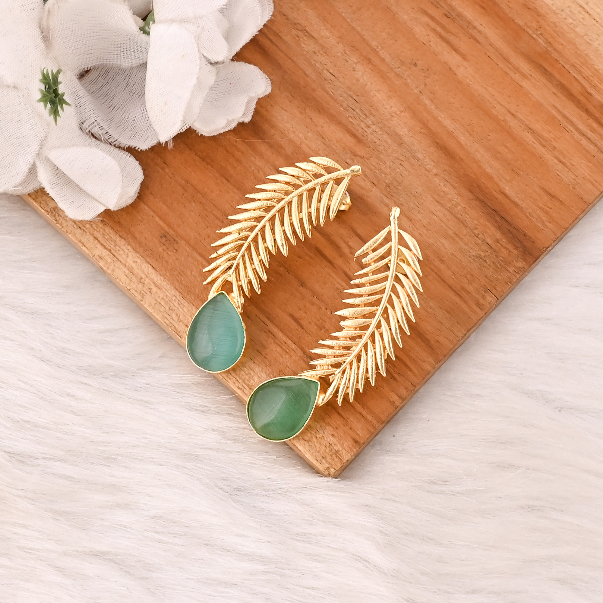 Handmade Green Cats Eye Gemstone Brass Earrings Trendy Fashion Statement Jewelry for Women