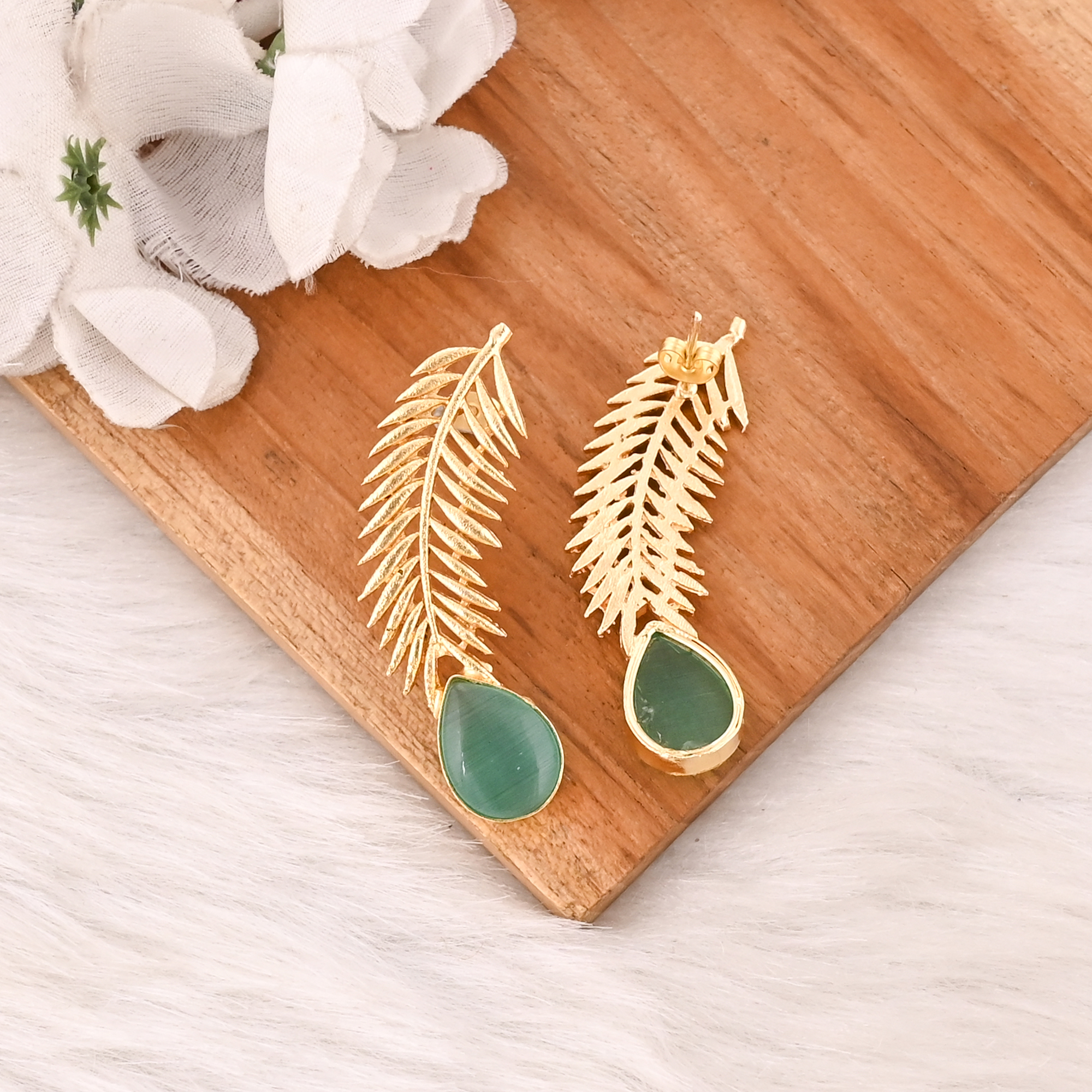 Handmade Green Cats Eye Gemstone Brass Earrings Trendy Fashion Statement Jewelry for Women