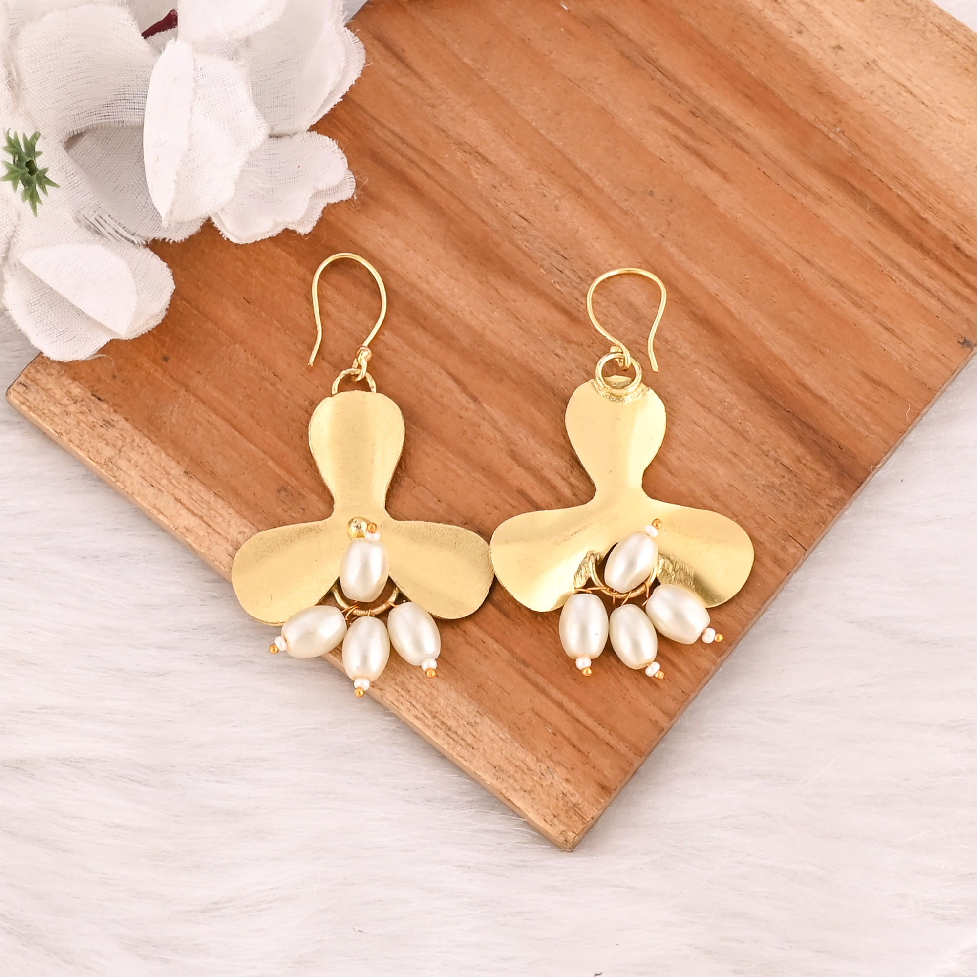 Stylish Pearl Gemstone Dangle Brass Earrings Handmade Fashion Jewelry for Women