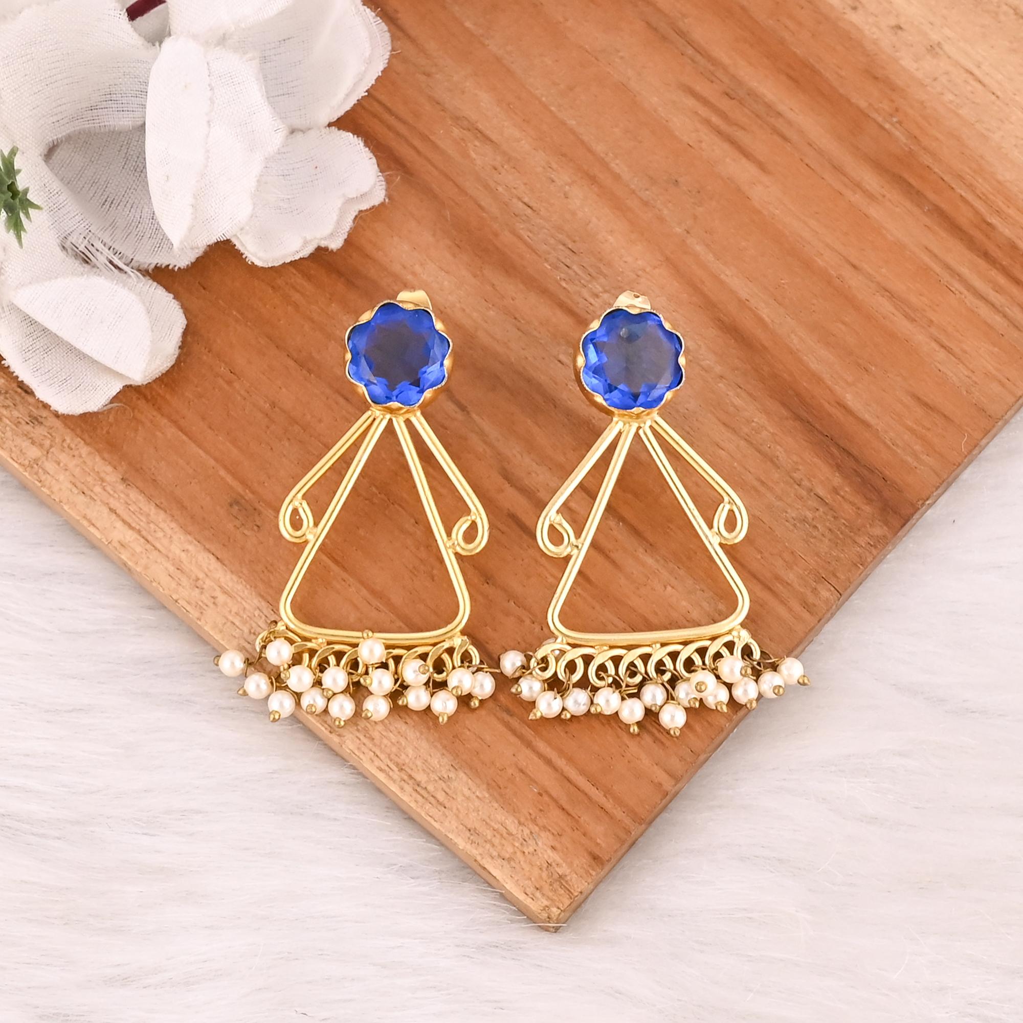 Elegant Gold Plated Ink Blue Hydro  Pearl Gemstone Brass Earring Handmade Fashion Jewelry for Women Gift