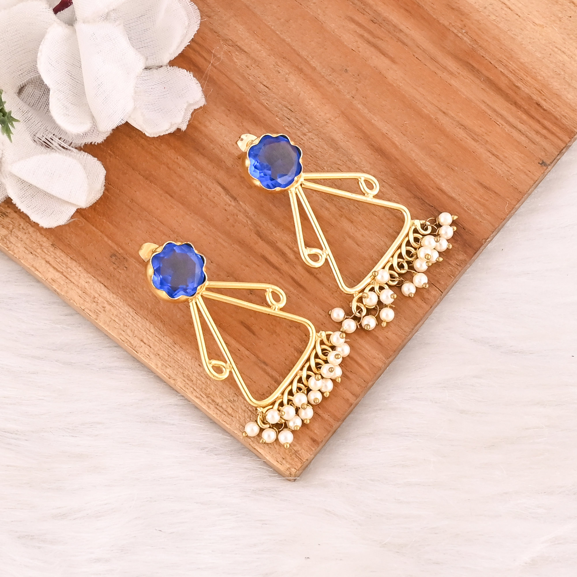 Elegant Gold Plated Ink Blue Hydro  Pearl Gemstone Brass Earring Handmade Fashion Jewelry for Women Gift