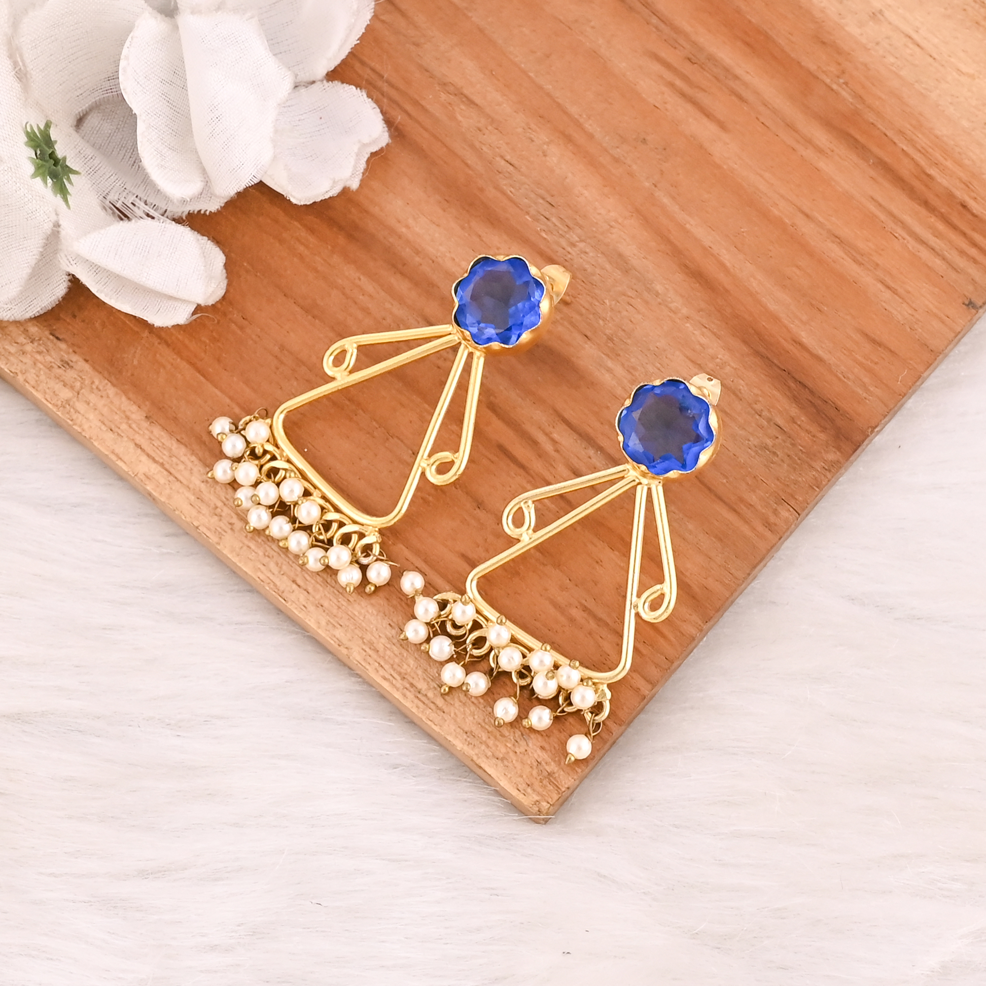 Elegant Gold Plated Ink Blue Hydro  Pearl Gemstone Brass Earring Handmade Fashion Jewelry for Women Gift