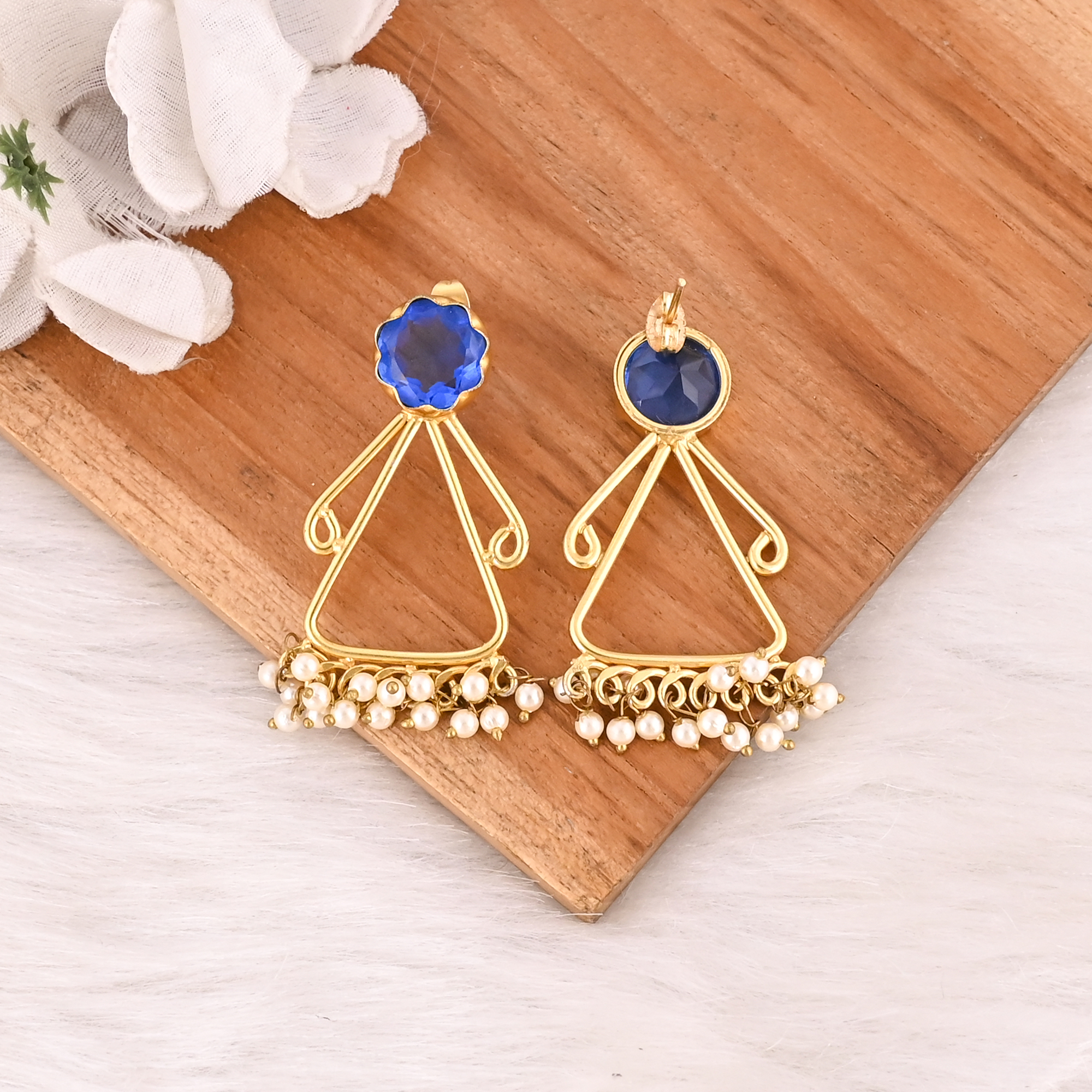 Elegant Gold Plated Ink Blue Hydro  Pearl Gemstone Brass Earring Handmade Fashion Jewelry for Women Gift