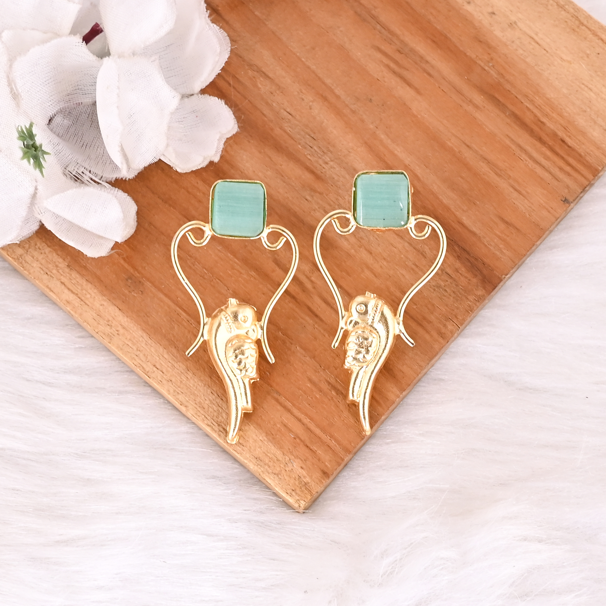 Handmade Gold Plated Green Cats Eye Gemstone Brass Earrings Trendy Fashion Statement Jewelry for Women