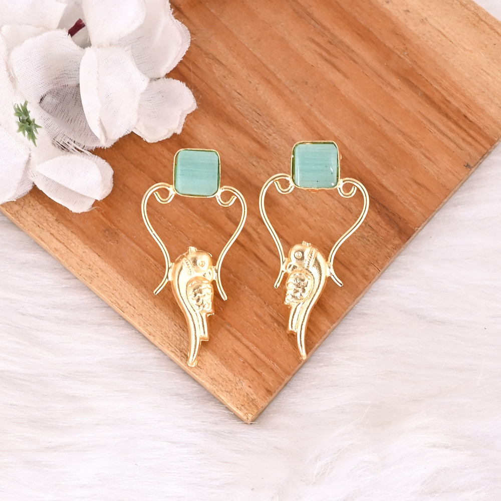 Image of Handmade Gold Plated Green Cat's Eye Gemstone Brass Earrings Trendy Fashion Statement Jewelry for Women