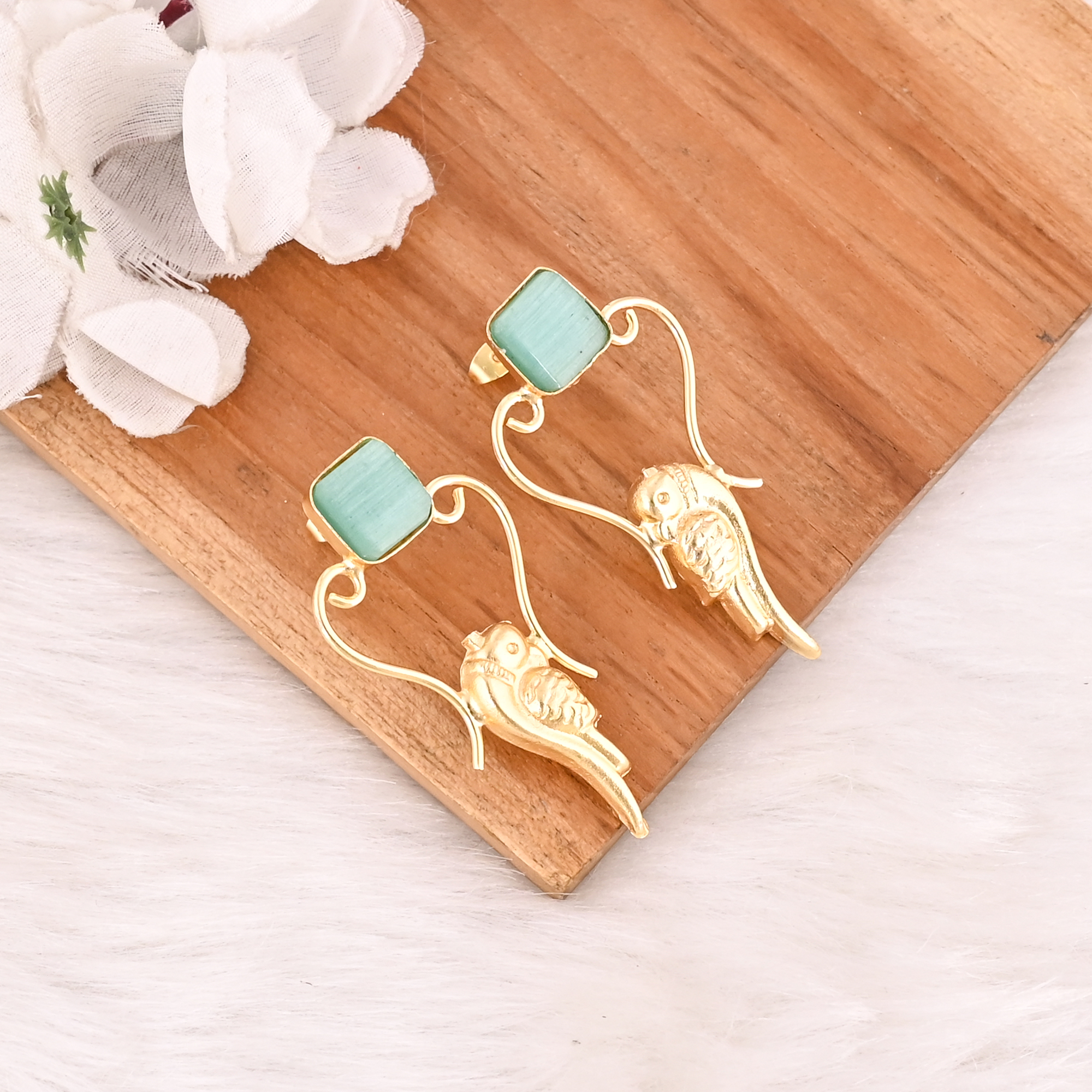 Handmade Gold Plated Green Cats Eye Gemstone Brass Earrings Trendy Fashion Statement Jewelry for Women