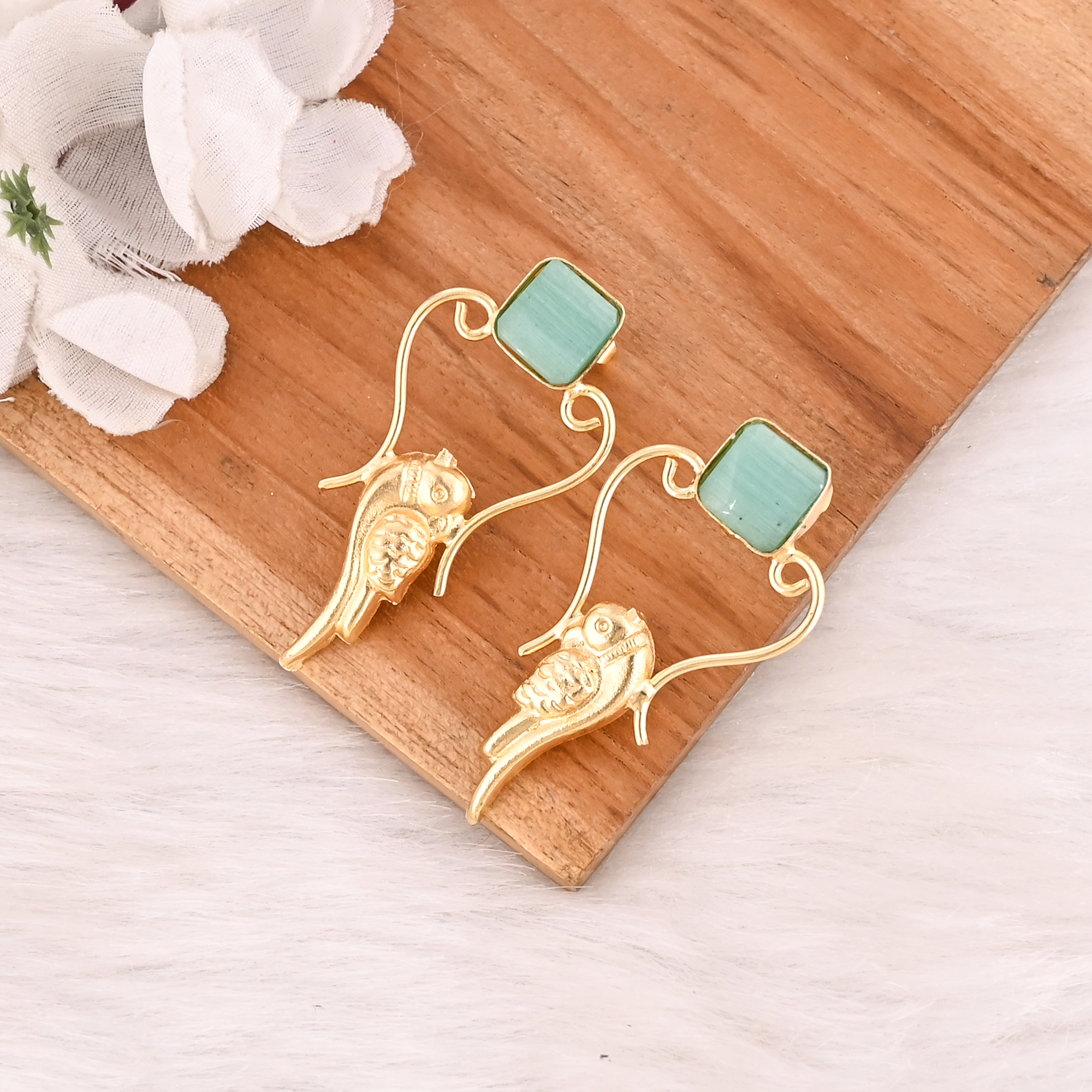 Handmade Gold Plated Green Cats Eye Gemstone Brass Earrings Trendy Fashion Statement Jewelry for Women