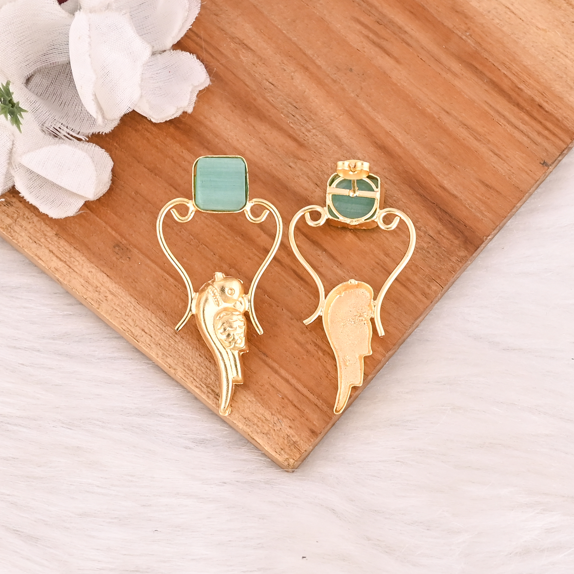 Handmade Gold Plated Green Cats Eye Gemstone Brass Earrings Trendy Fashion Statement Jewelry for Women