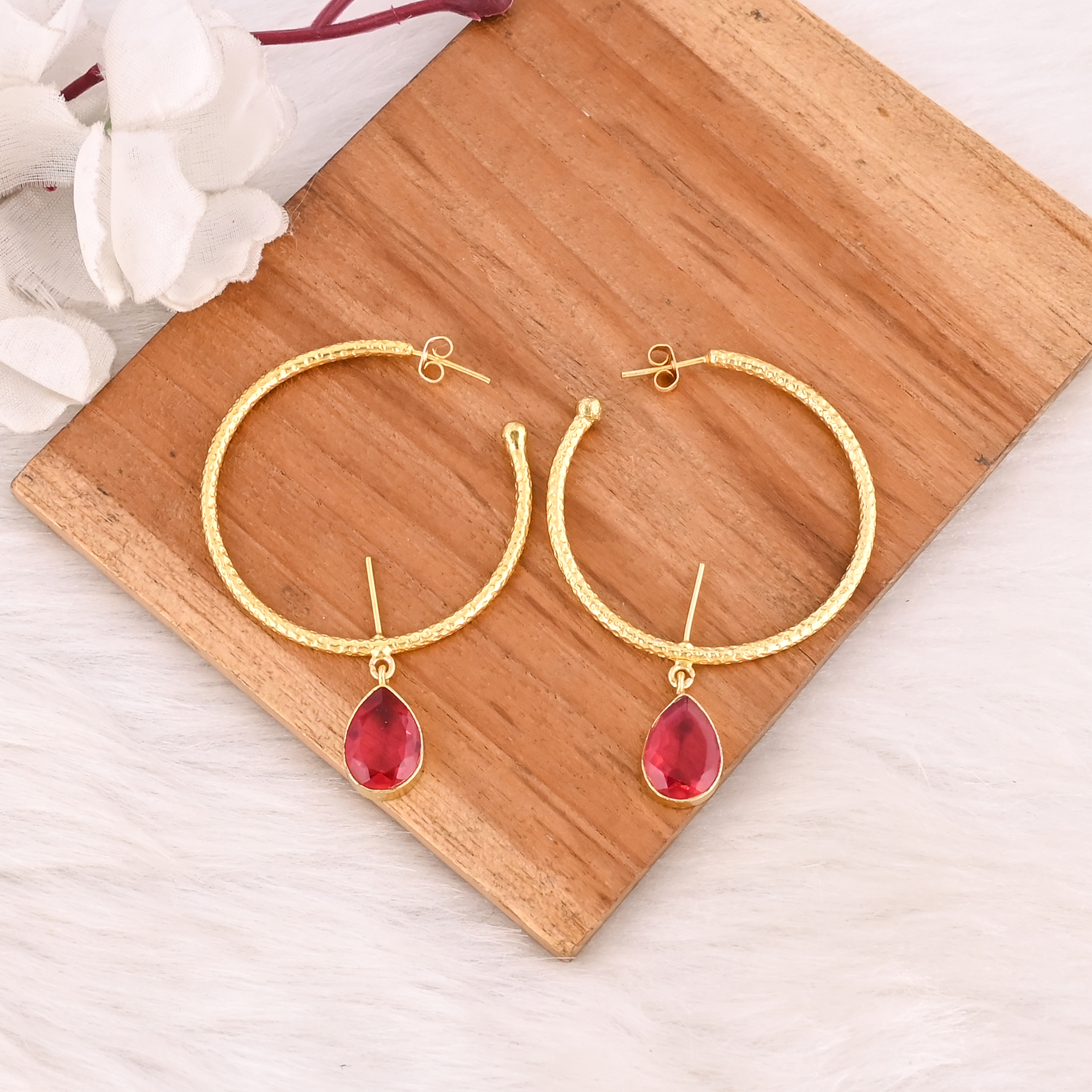 Stylish Pink Tourmaline Hydro Hoop Earrings Gold Plated Handmade Brass Jewelry  for Women