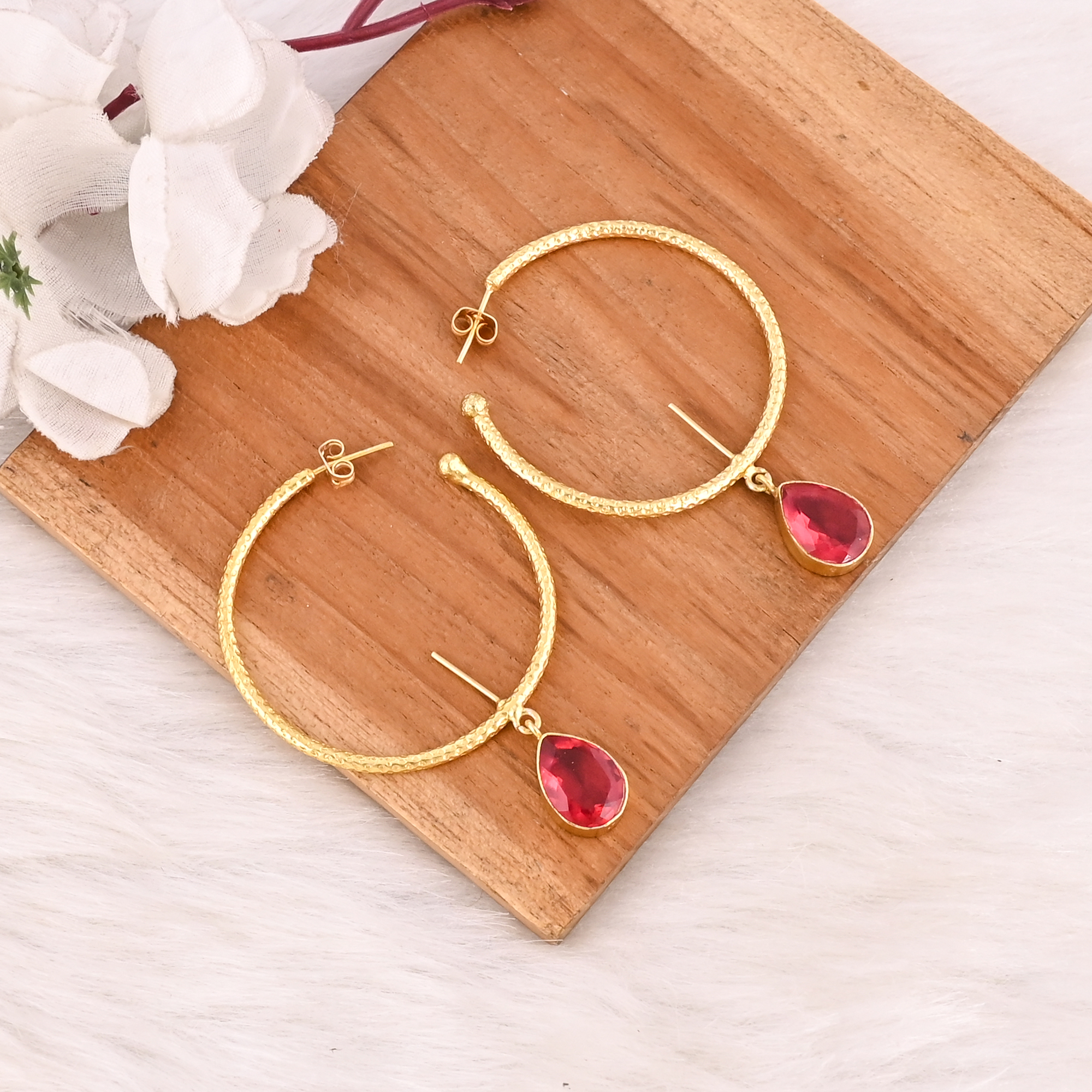 Stylish Pink Tourmaline Hydro Hoop Earrings Gold Plated Handmade Brass Jewelry  for Women