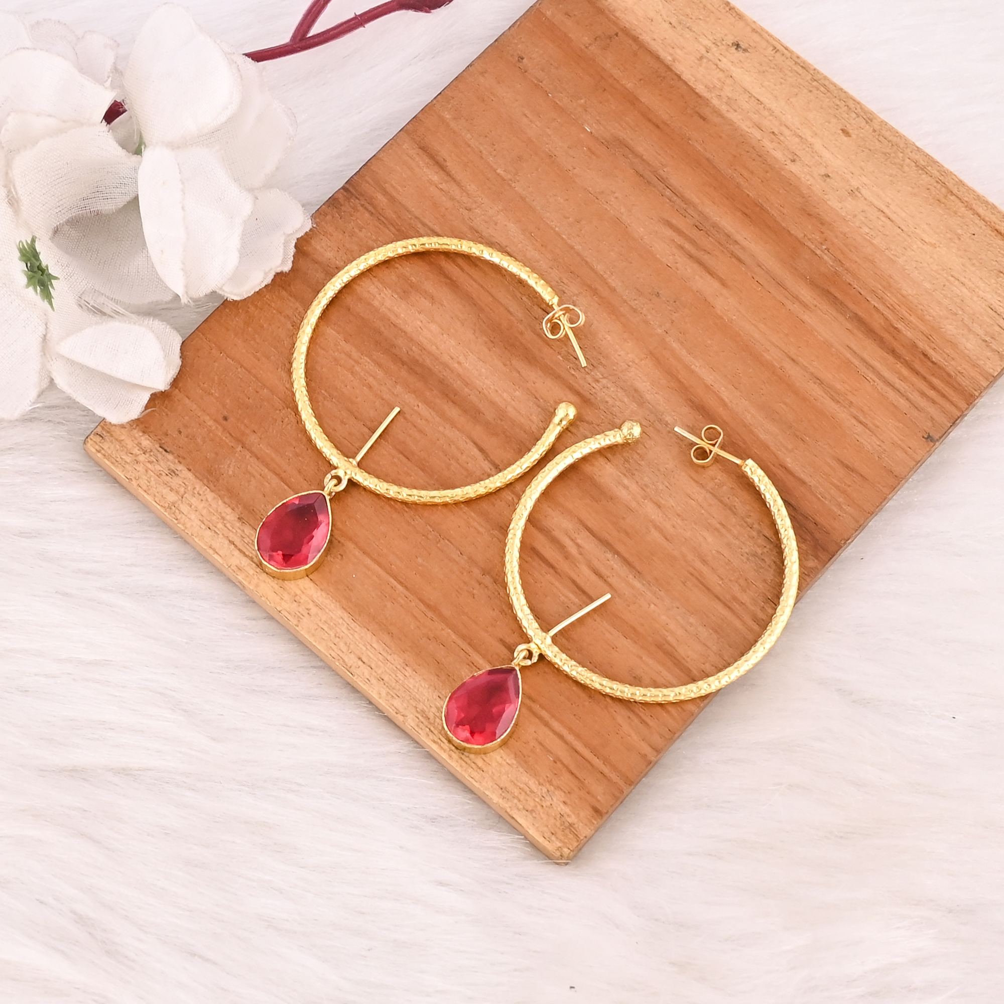 Stylish Pink Tourmaline Hydro Hoop Earrings Gold Plated Handmade Brass Jewelry  for Women