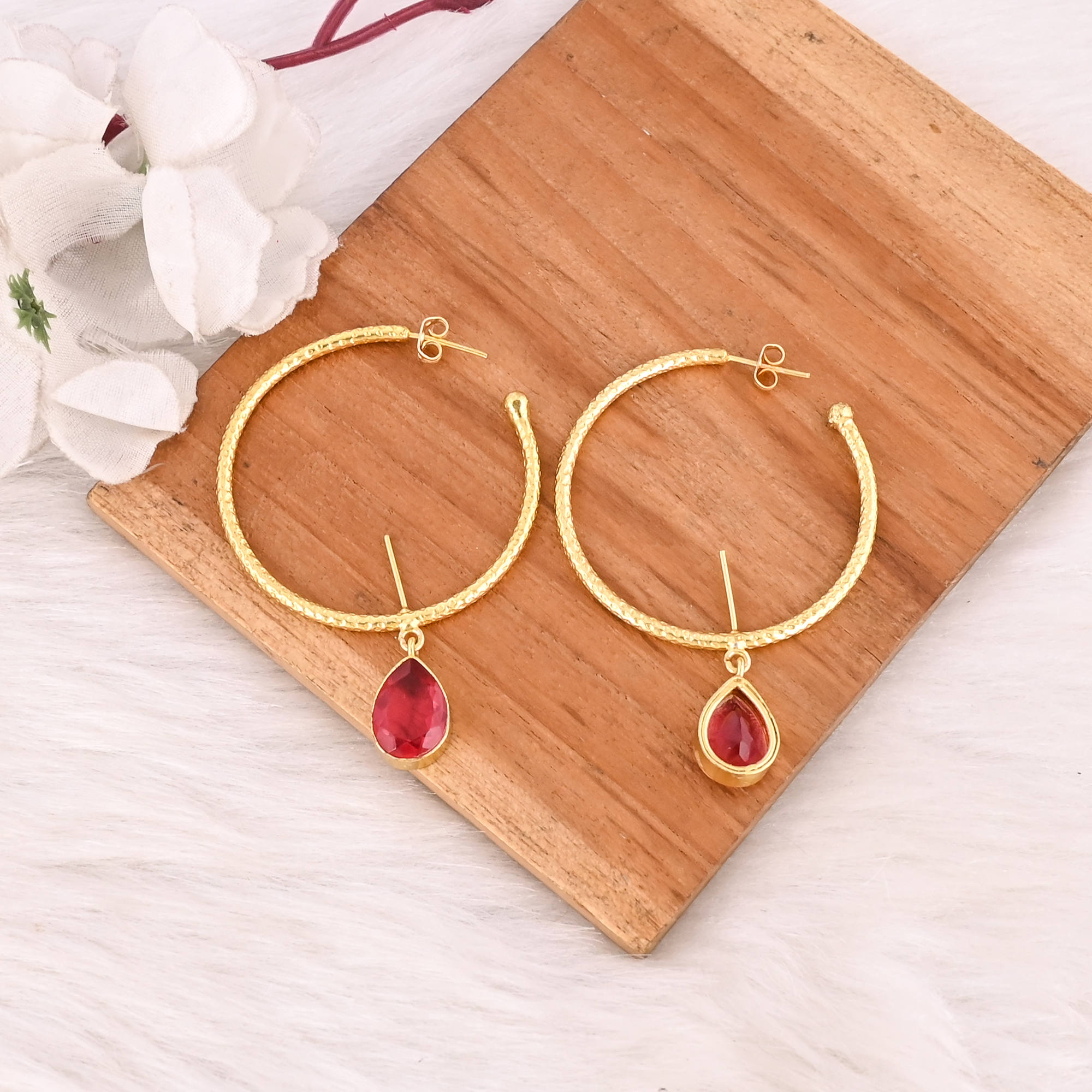 Stylish Pink Tourmaline Hydro Hoop Earrings Gold Plated Handmade Brass Jewelry  for Women