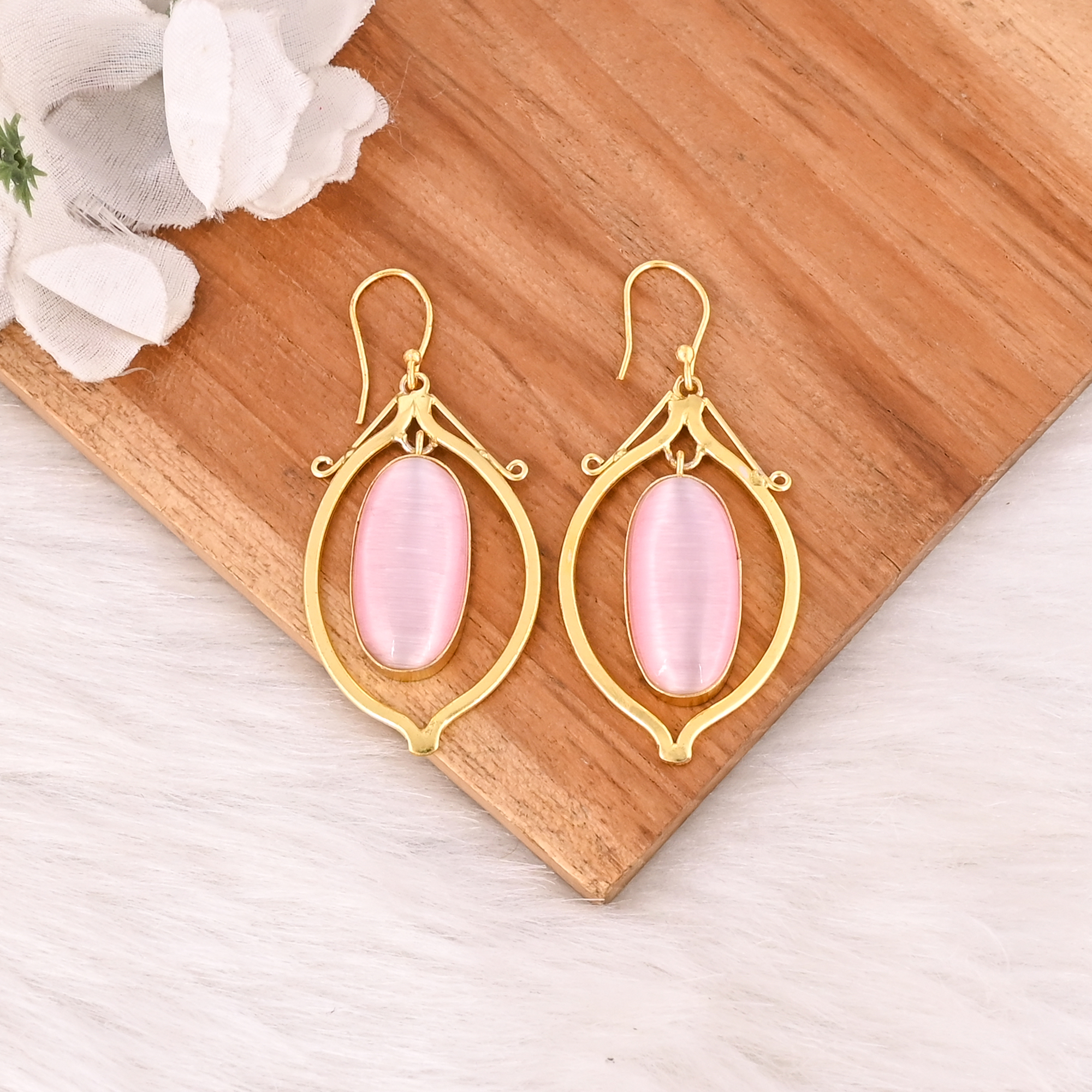 Elegant Pink Cats Eye Gemstone Earrings Gold Plated Brass Fashion Jewelry for Women