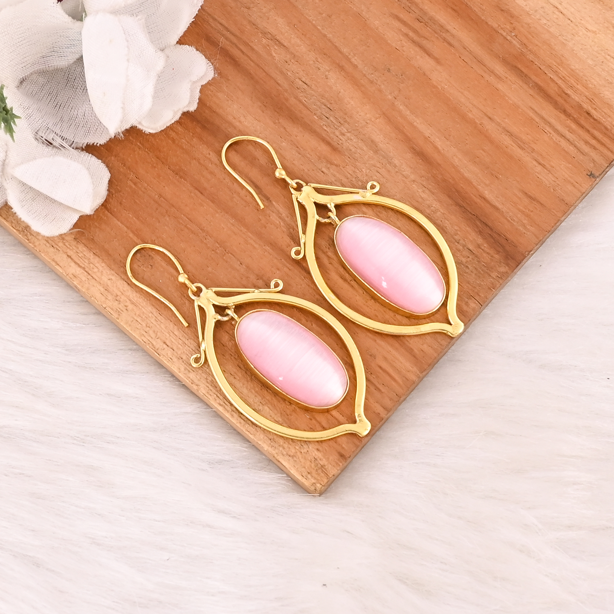 Elegant Pink Cats Eye Gemstone Earrings Gold Plated Brass Fashion Jewelry for Women
