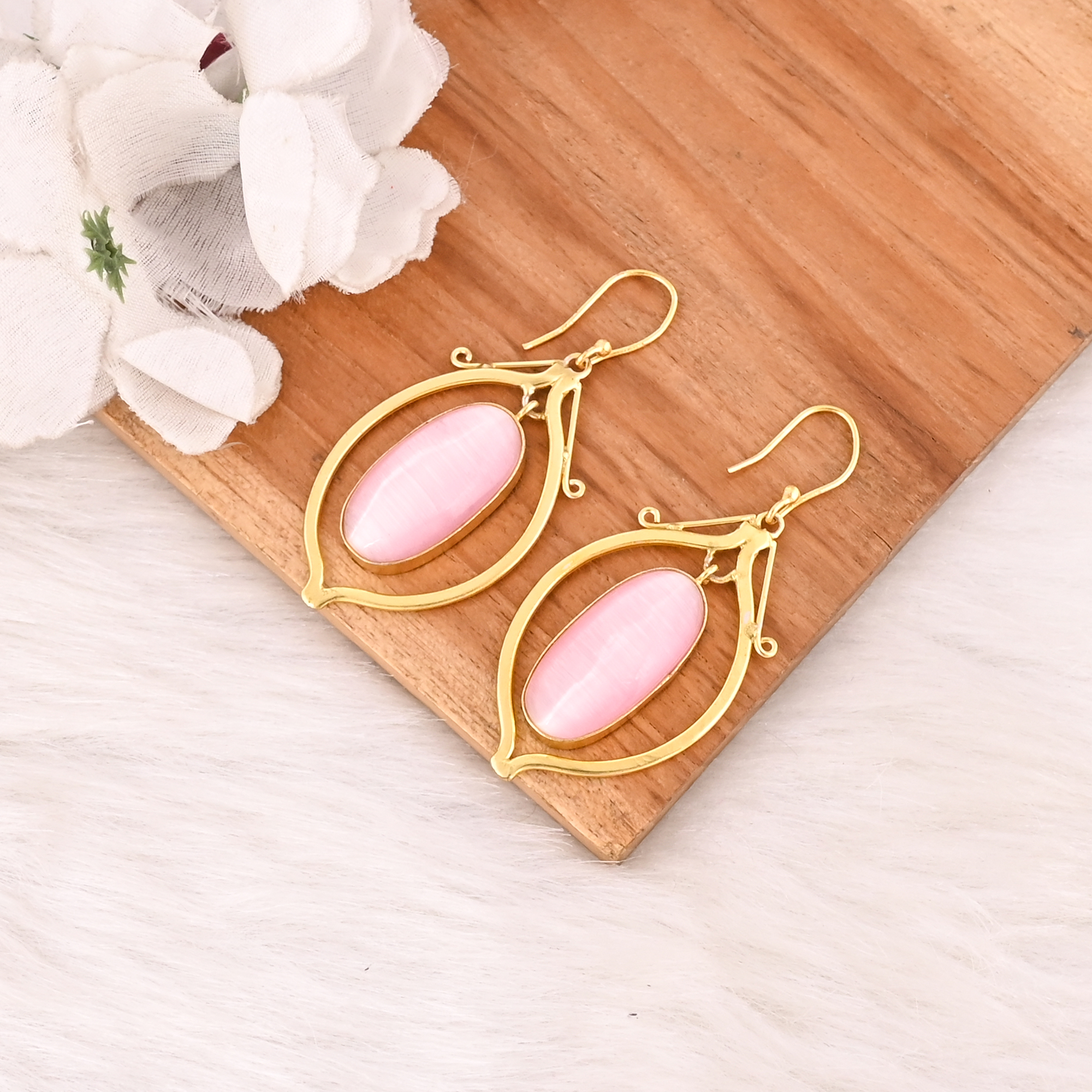 Elegant Pink Cats Eye Gemstone Earrings Gold Plated Brass Fashion Jewelry for Women