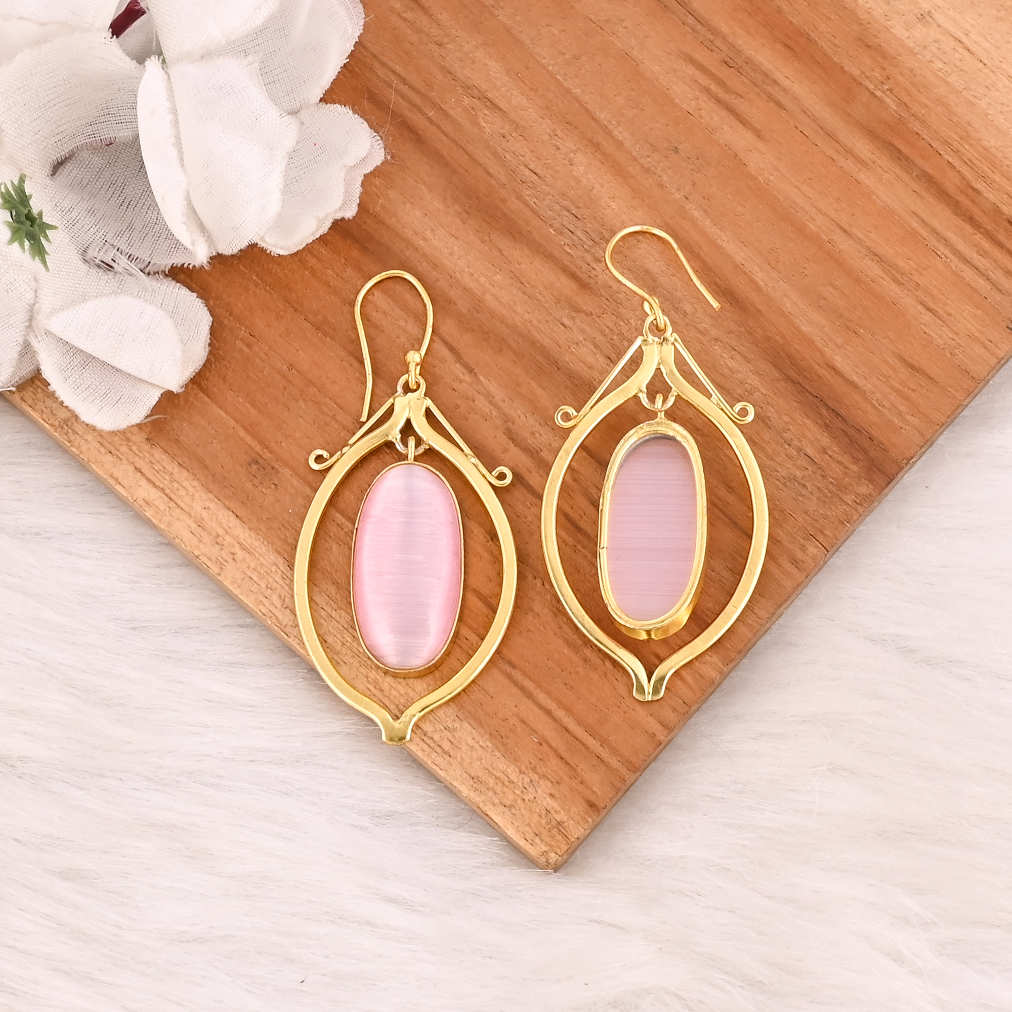 Elegant Pink Cats Eye Gemstone Earrings Gold Plated Brass Fashion Jewelry for Women