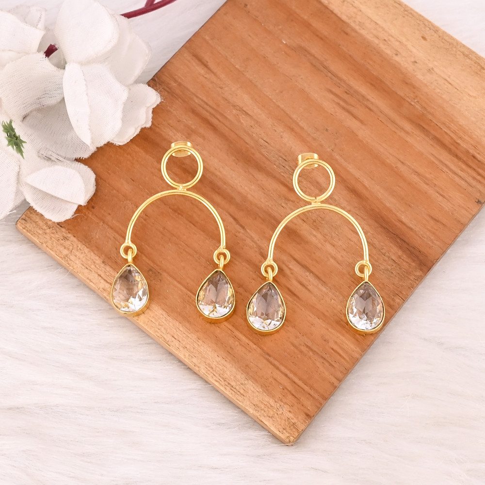 Image of Stylish Crystal Quartz Earrings Gold Plated Handmade Brass Jewelry for Women