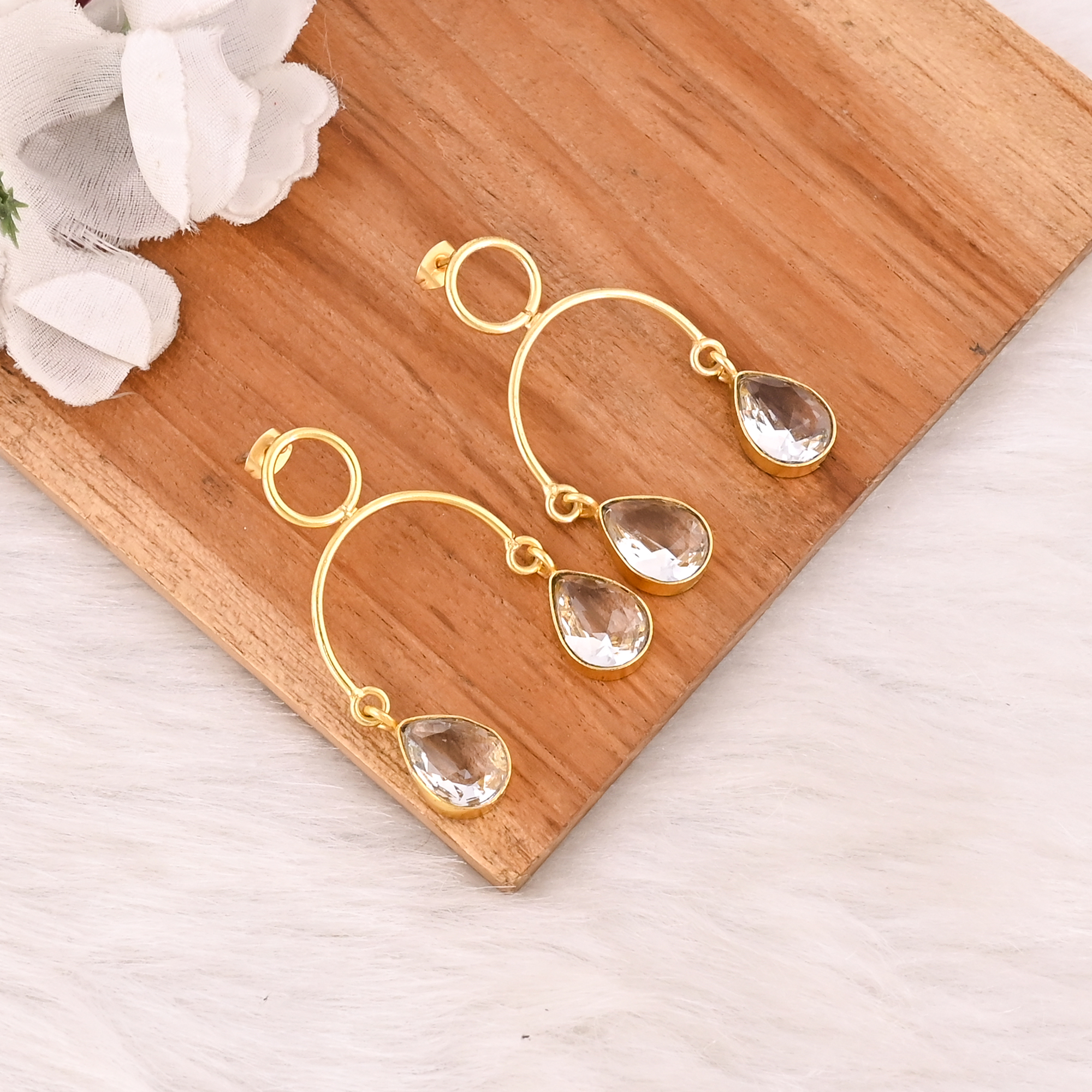 Stylish Crystal Quartz Earrings Gold Plated Handmade Brass Jewelry for Women