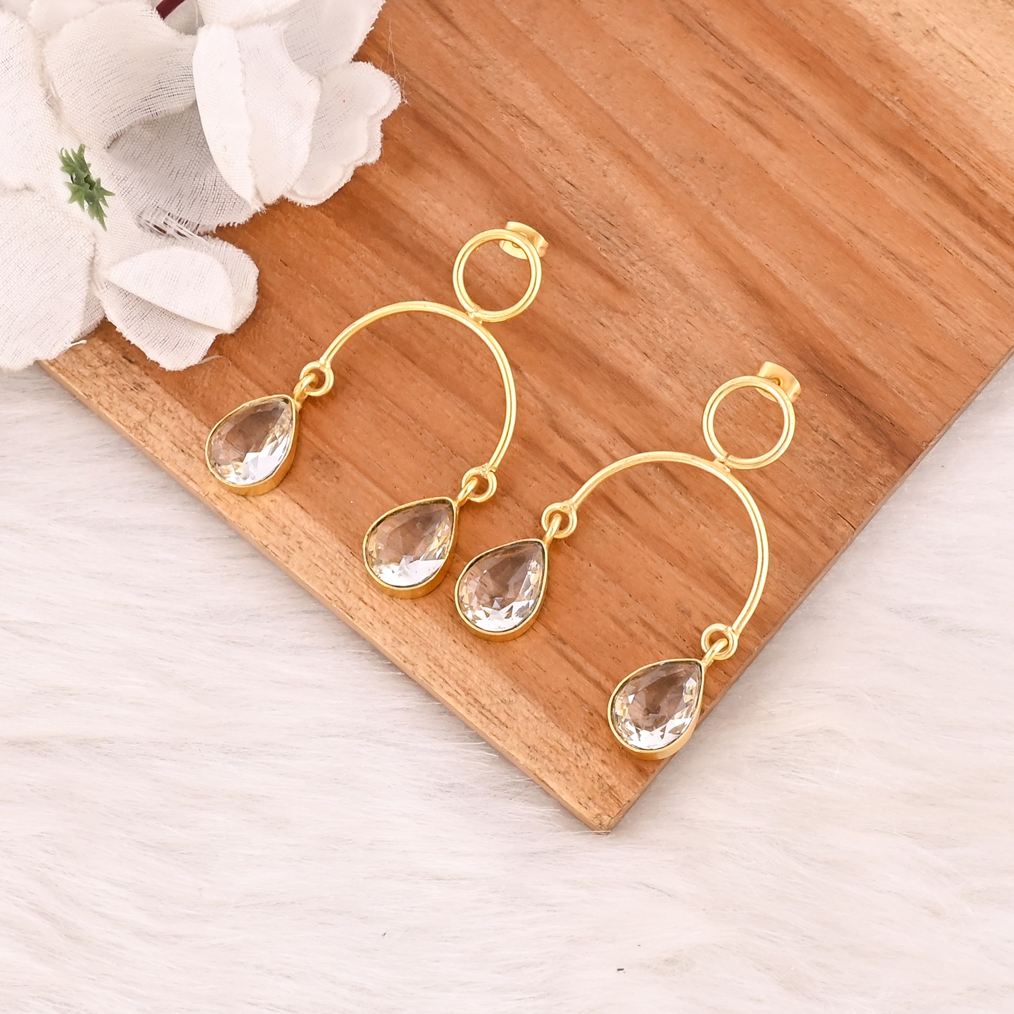 Stylish Crystal Quartz Earrings Gold Plated Handmade Brass Jewelry for Women