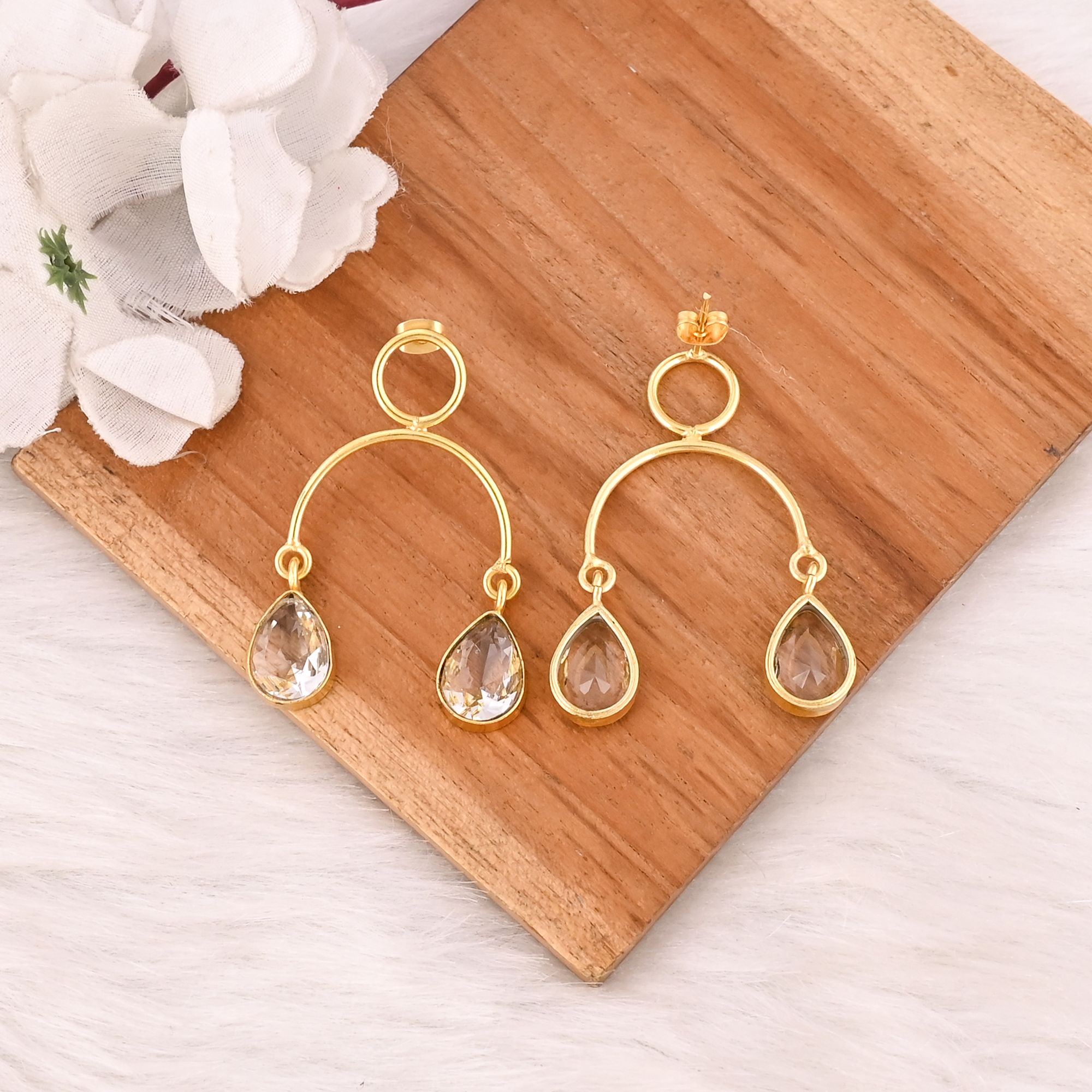 Stylish Crystal Quartz Earrings Gold Plated Handmade Brass Jewelry for Women