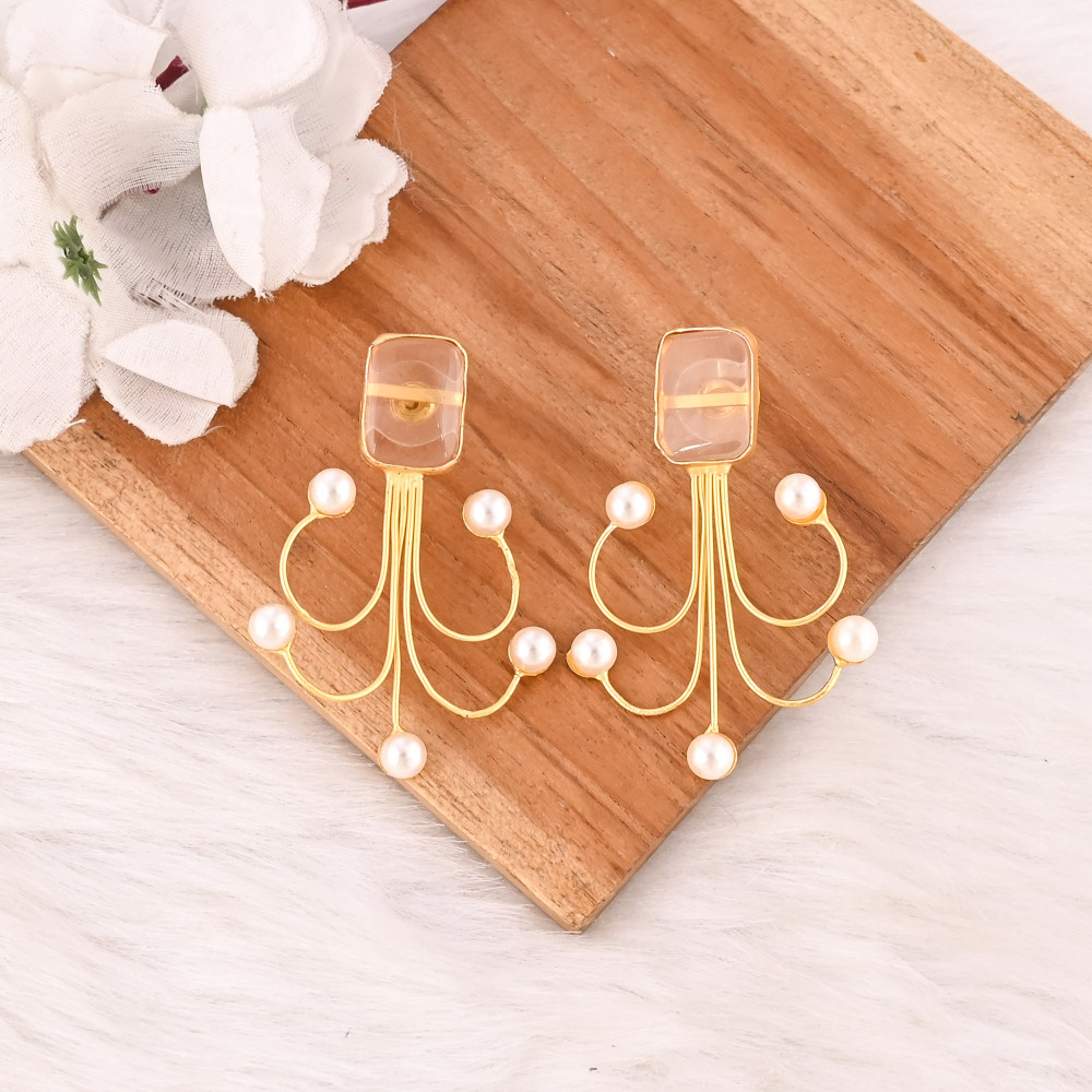 Image of Stylish Crystal Quartz With Pearl Gemstone Gold Plated Earrings Handmade Brass Jewelry for Women