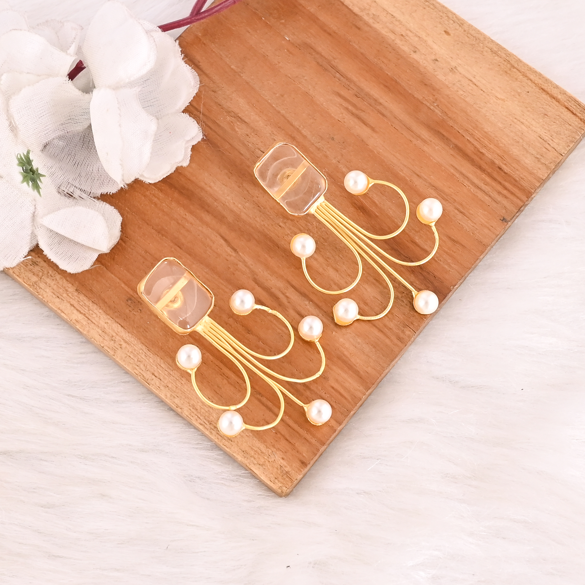 Stylish Crystal Quartz With Pearl Gemstone Gold Plated Earrings Handmade Brass Jewelry for Women