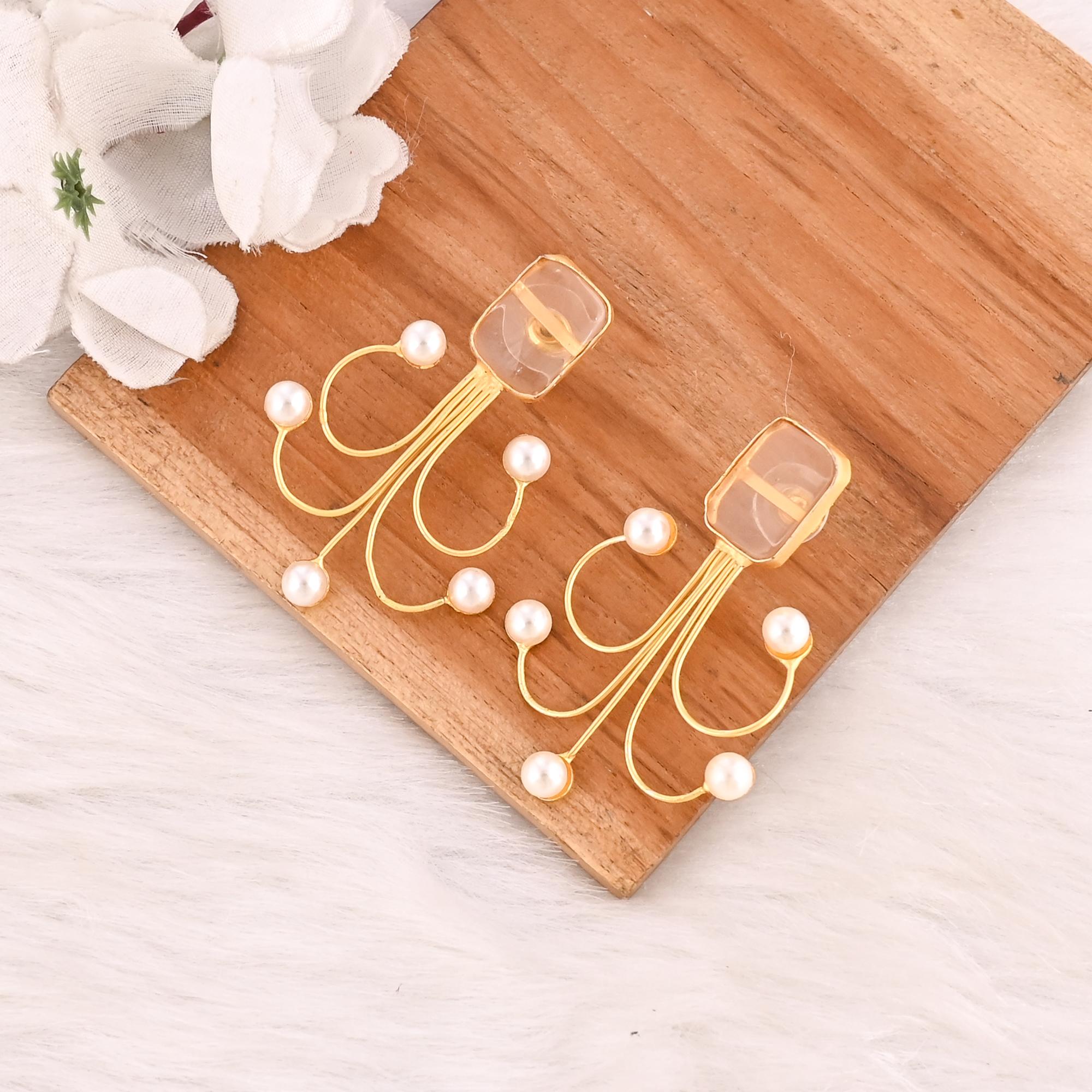 Stylish Crystal Quartz With Pearl Gemstone Gold Plated Earrings Handmade Brass Jewelry for Women