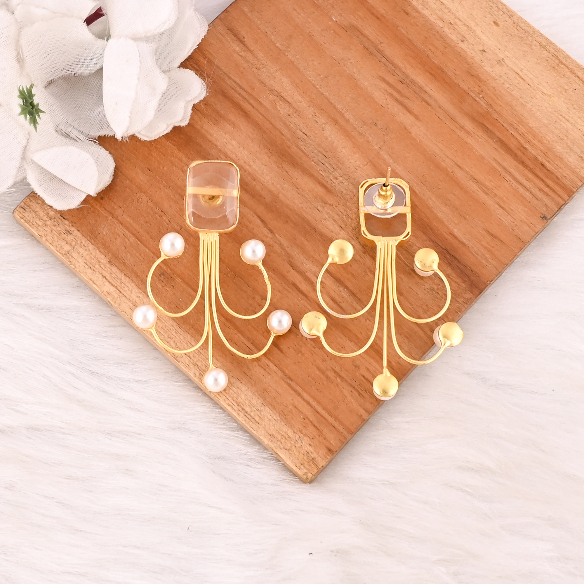 Stylish Crystal Quartz With Pearl Gemstone Gold Plated Earrings Handmade Brass Jewelry for Women