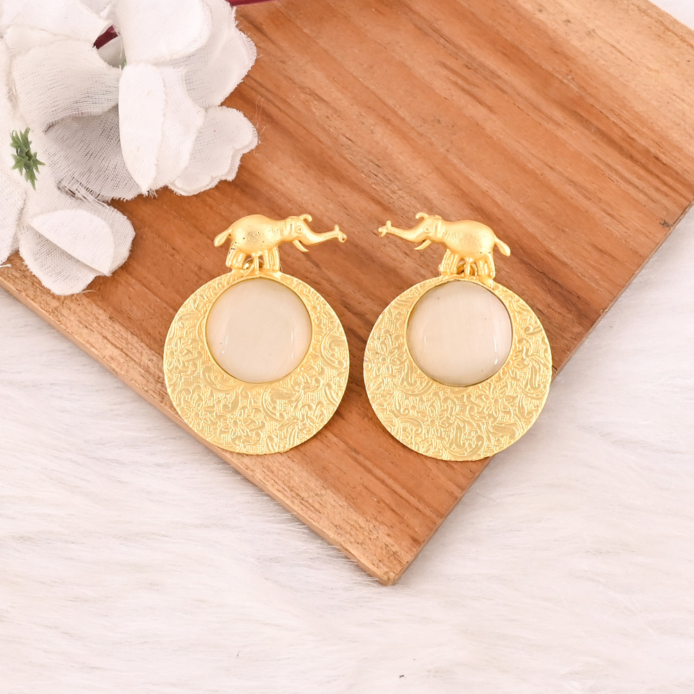 Image of Handmade White Cat'seye Gemstone Gold Plated Butterfly Brass Earrings Fashion Jewelry for Women