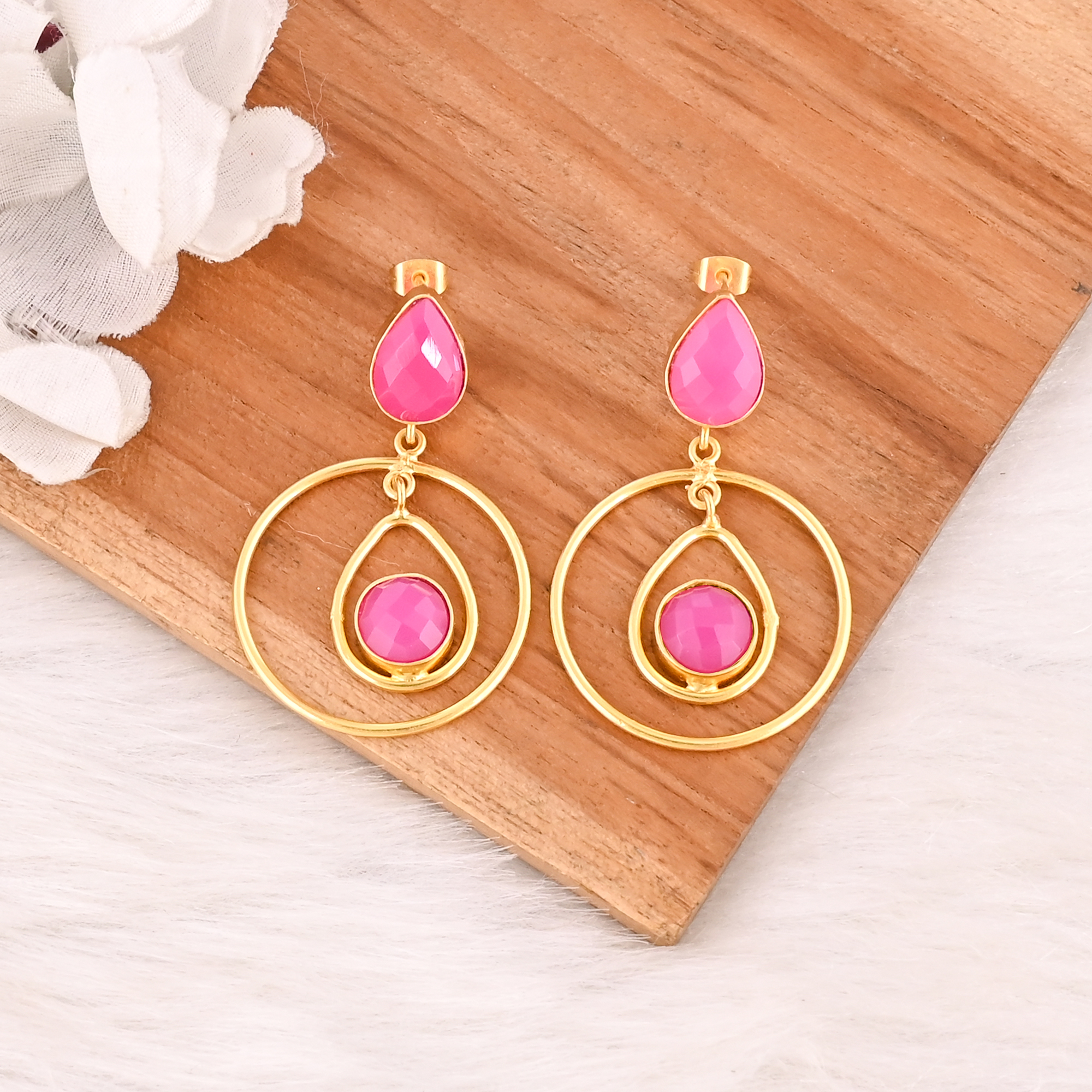 Fuchsia Chalcedony Gemstone Brass Earrings Vintage Style Handmade Fashion Jewelry for Women