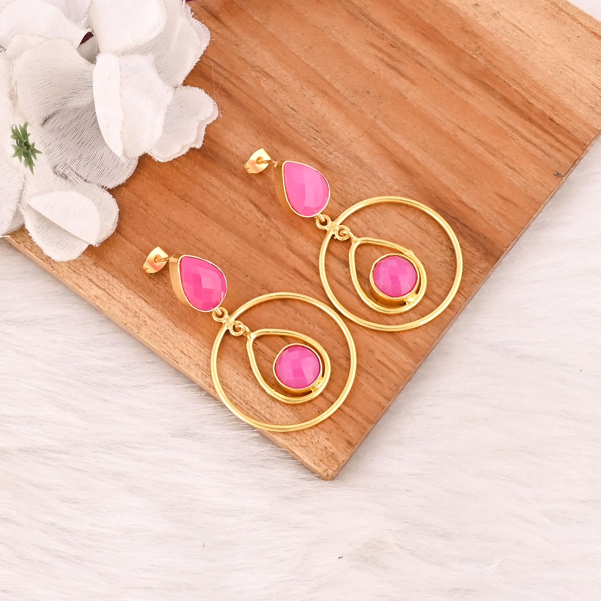 Fuchsia Chalcedony Gemstone Brass Earrings Vintage Style Handmade Fashion Jewelry for Women