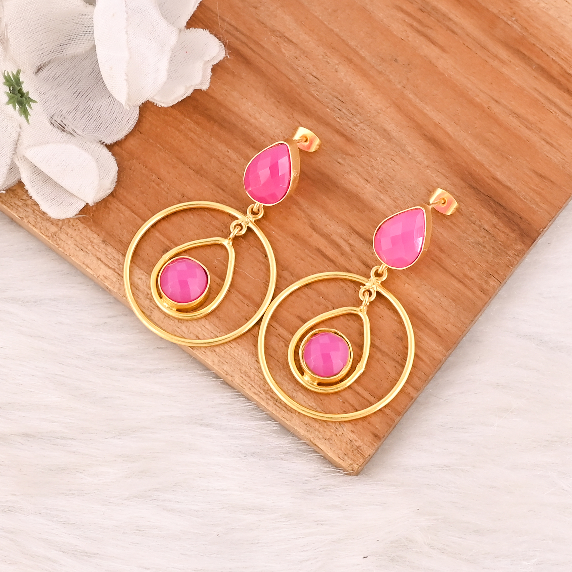Fuchsia Chalcedony Gemstone Brass Earrings Vintage Style Handmade Fashion Jewelry for Women