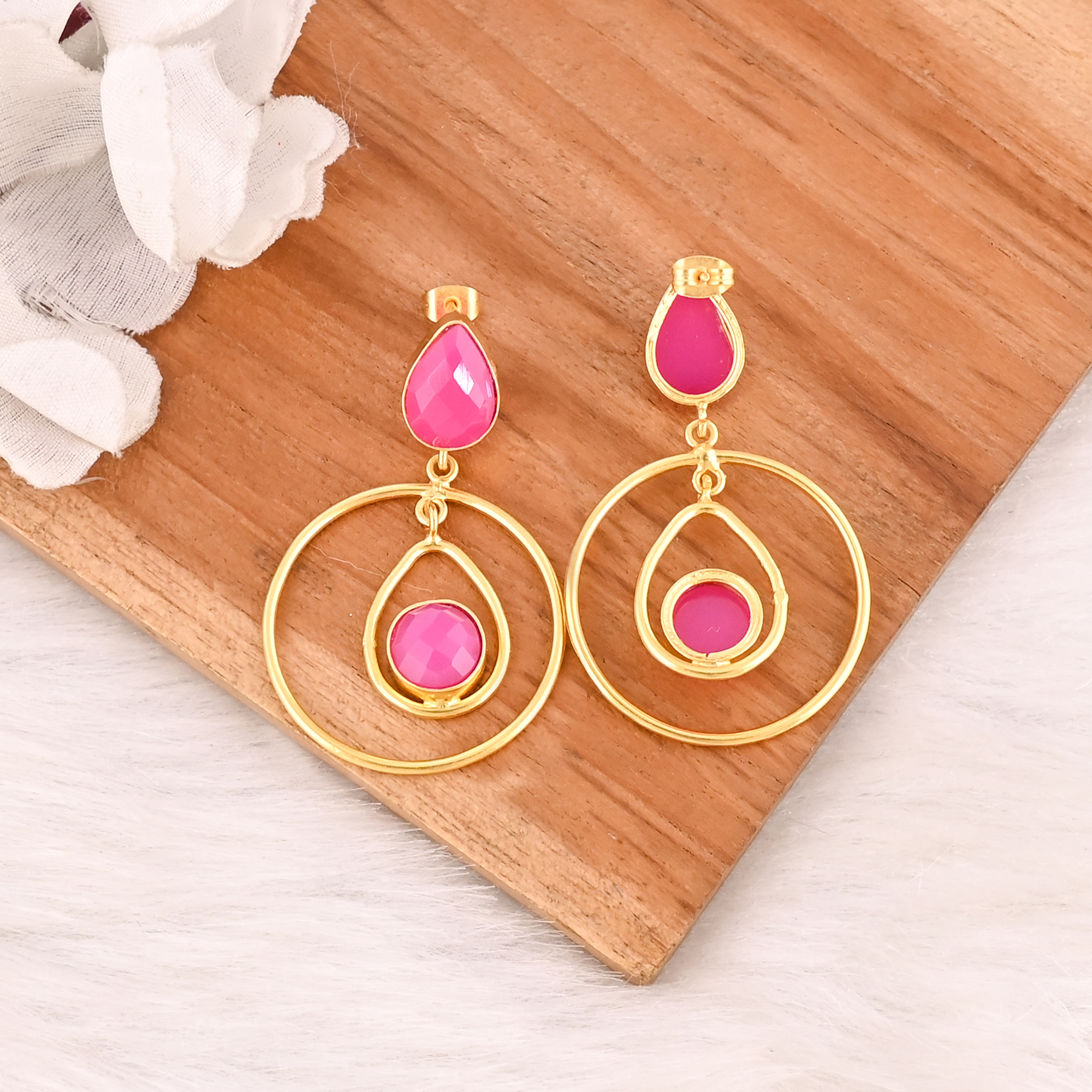 Fuchsia Chalcedony Gemstone Brass Earrings Vintage Style Handmade Fashion Jewelry for Women