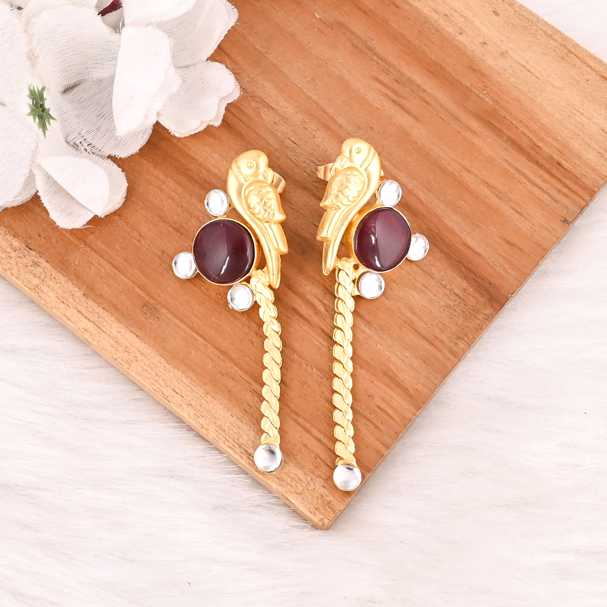 Garnet Hydro  Polki Stone Drop Earrings Gold Plated Handmade Brass Jewelry for Women