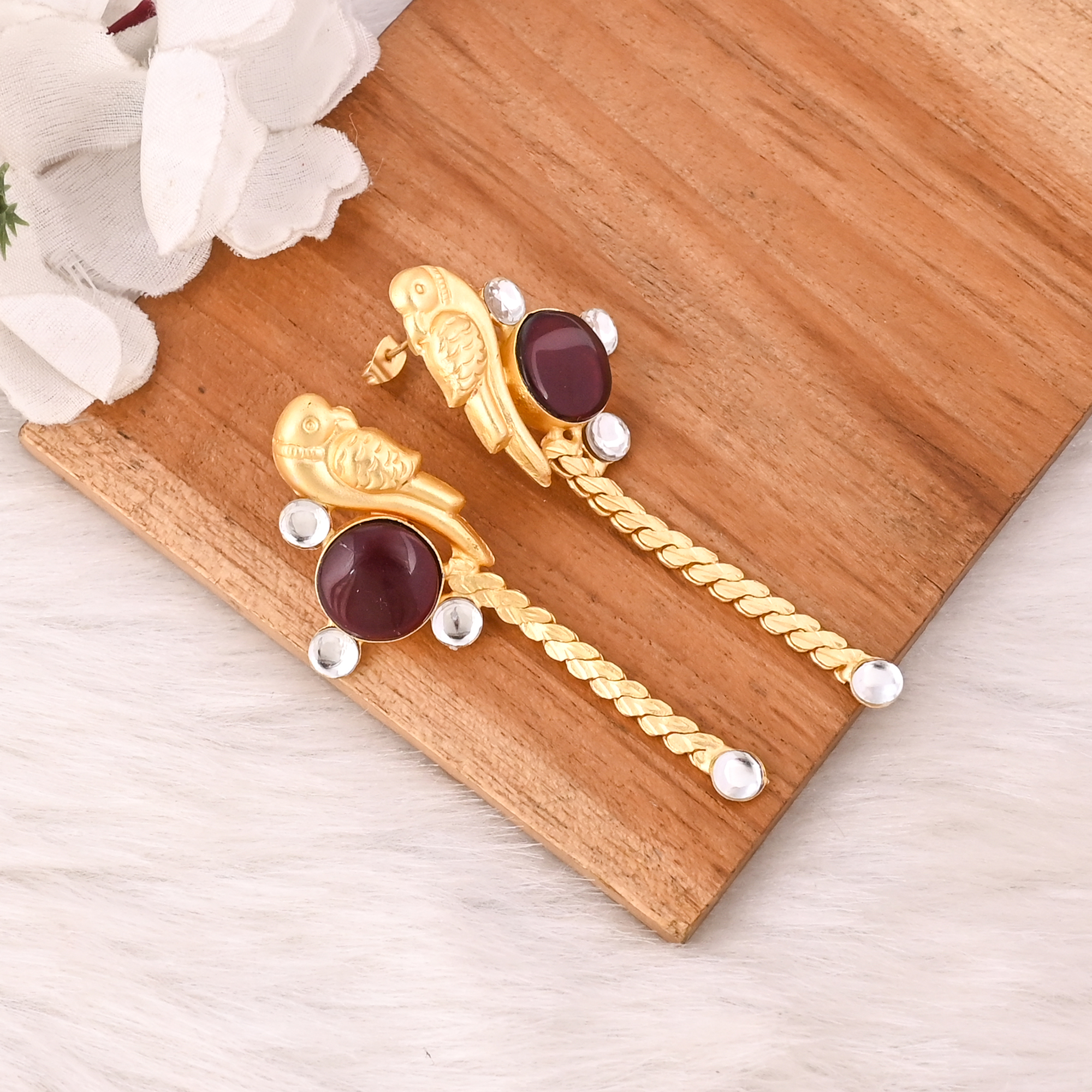 Garnet Hydro  Polki Stone Drop Earrings Gold Plated Handmade Brass Jewelry for Women
